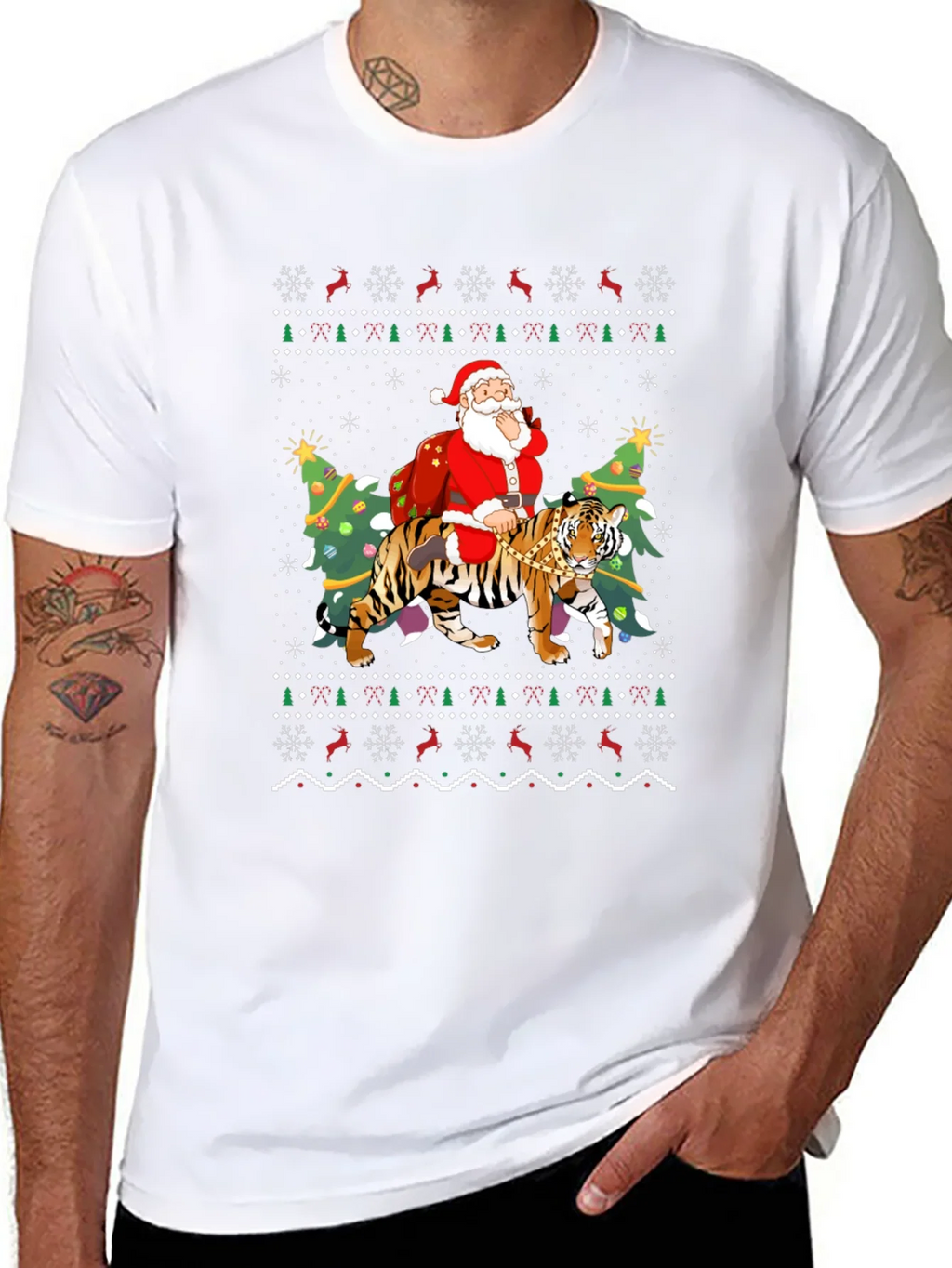 Santa Riding Tiger Christmas Ugly Sweater T-Shirt