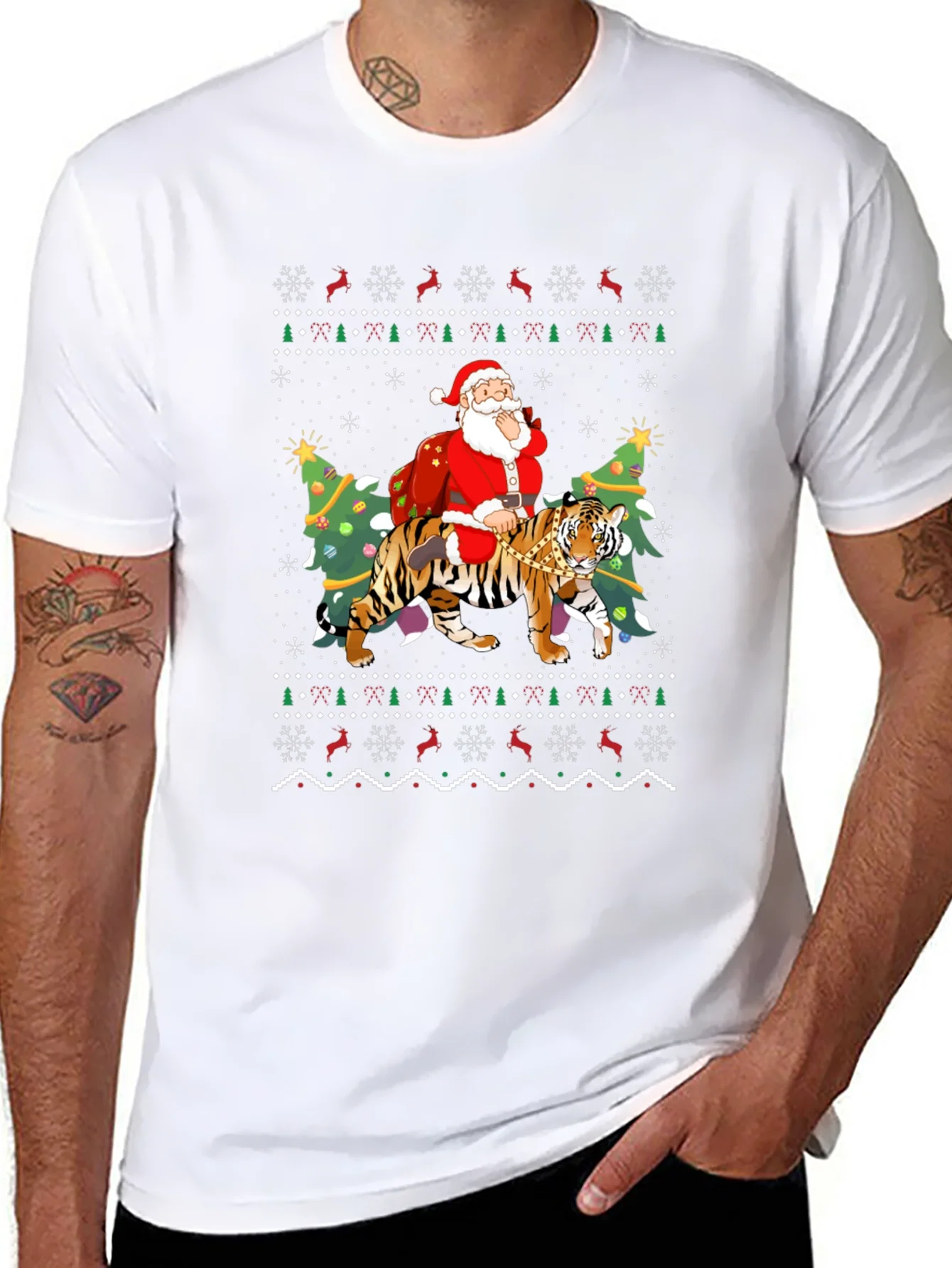 Santa Riding Tiger Christmas Ugly Sweater T-Shirt