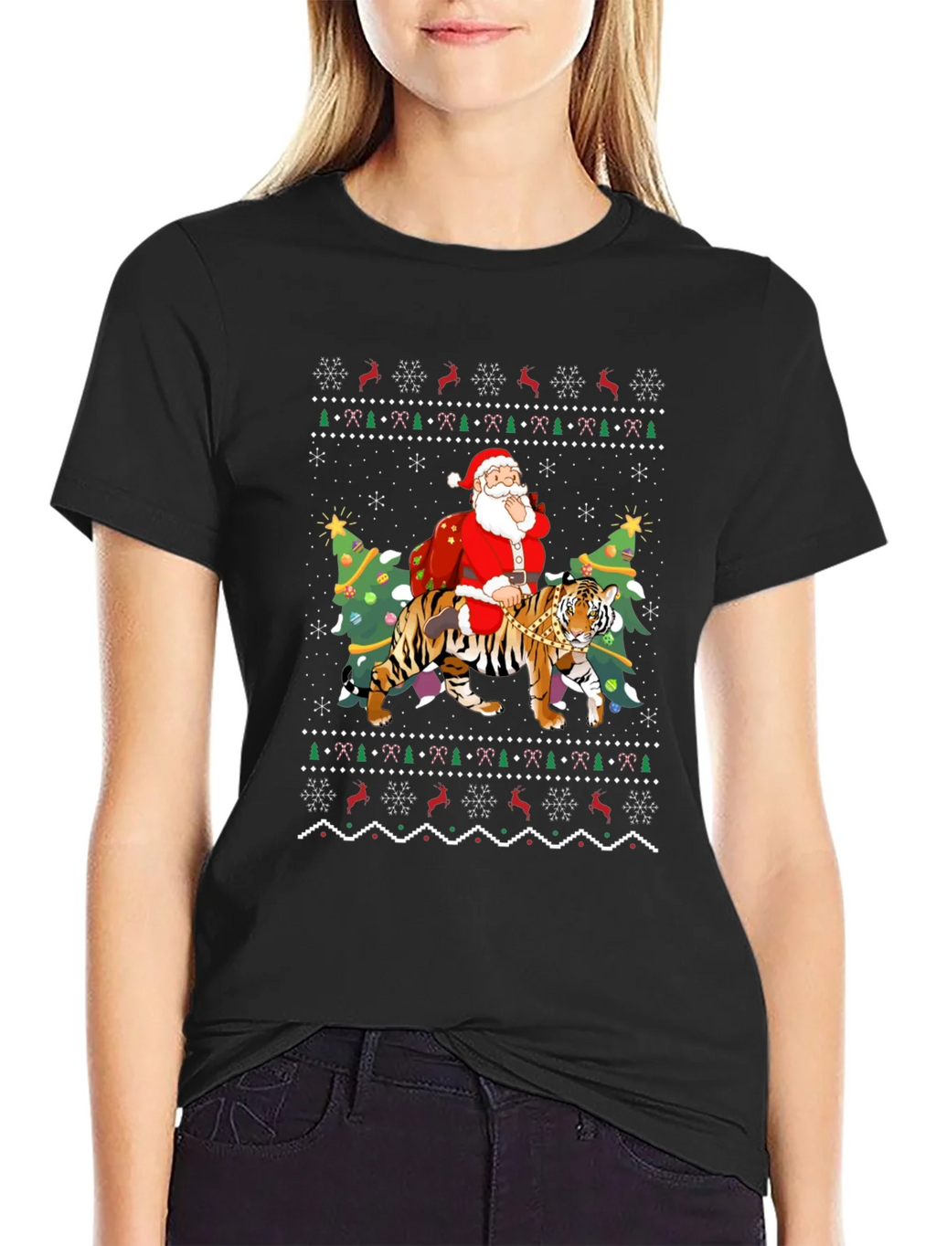 Santa Riding Tiger Christmas Ugly Sweater T-Shirt