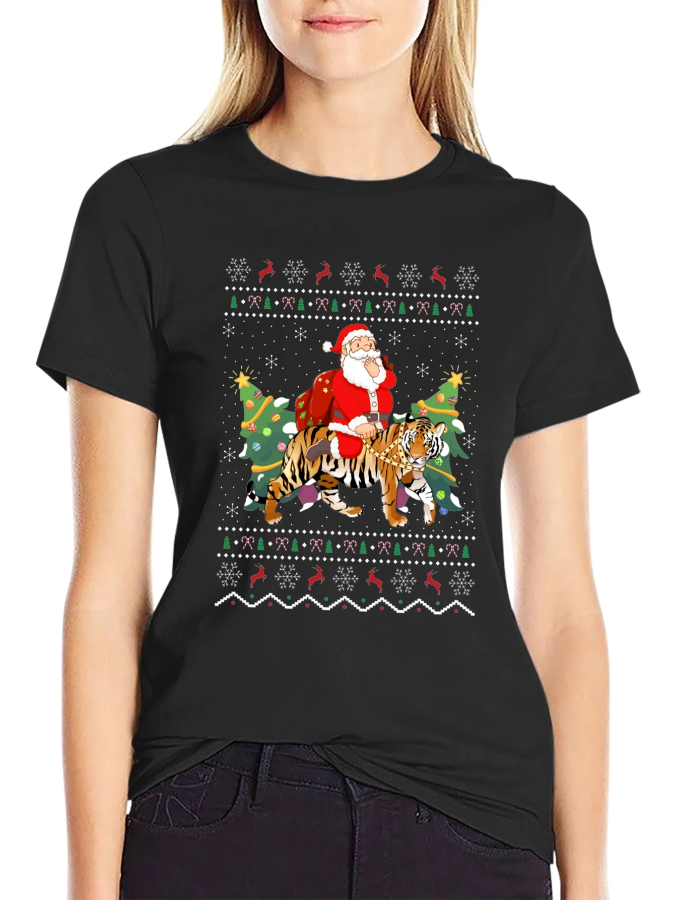 Santa Riding Tiger Christmas Ugly Sweater T-Shirt