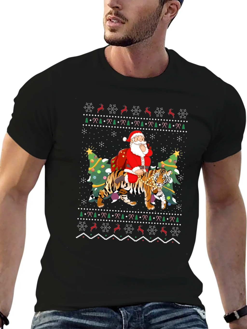 Santa Riding Tiger Christmas Ugly Sweater T-Shirt