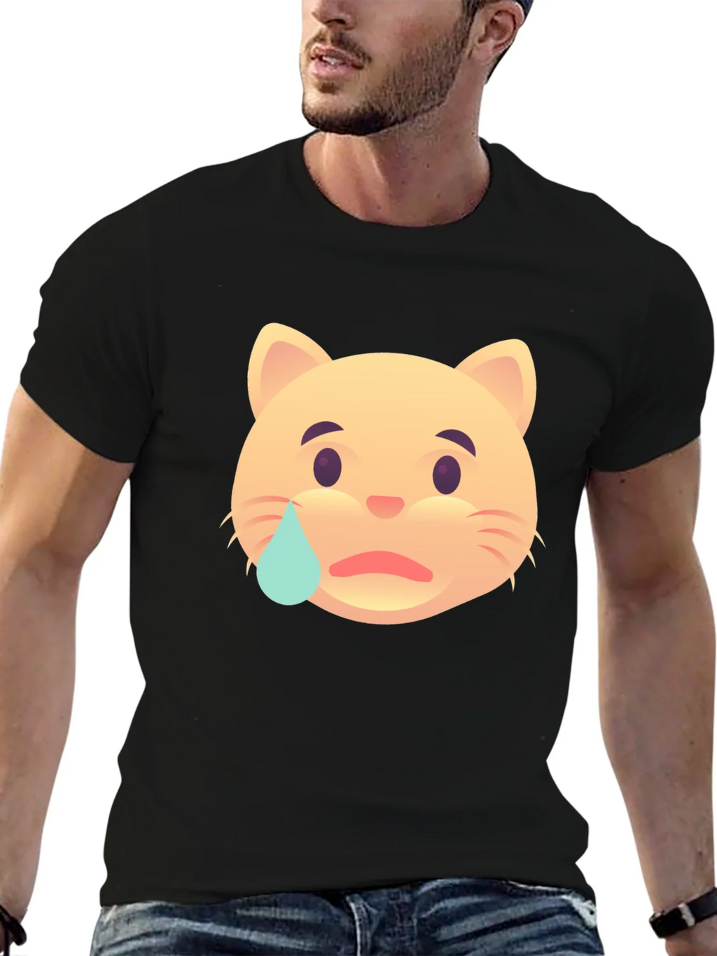 Sad Cat Emoji T-Shirt - Unisex Black Tee