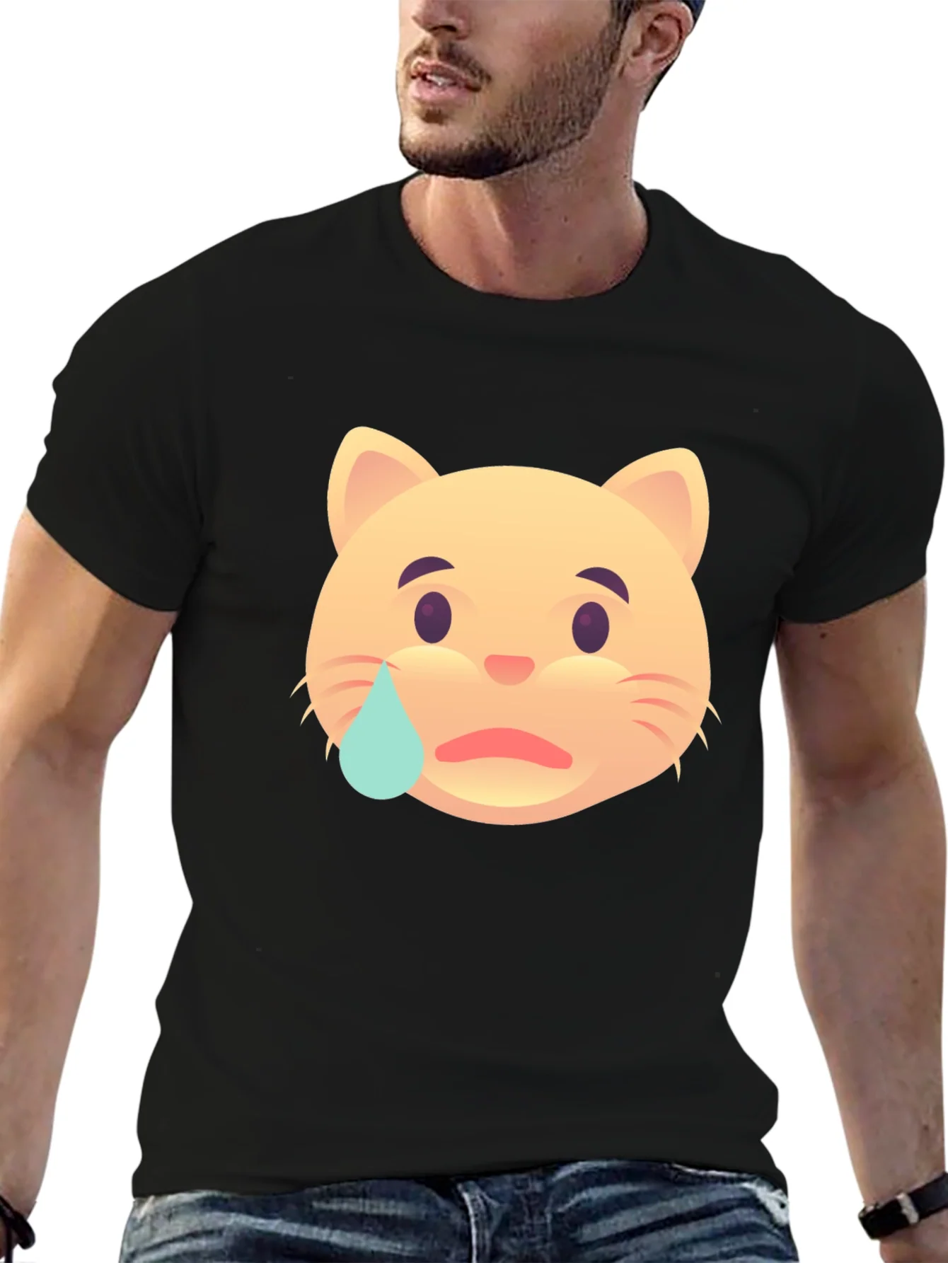 Sad Cat Emoji T-Shirt - Unisex Black Tee