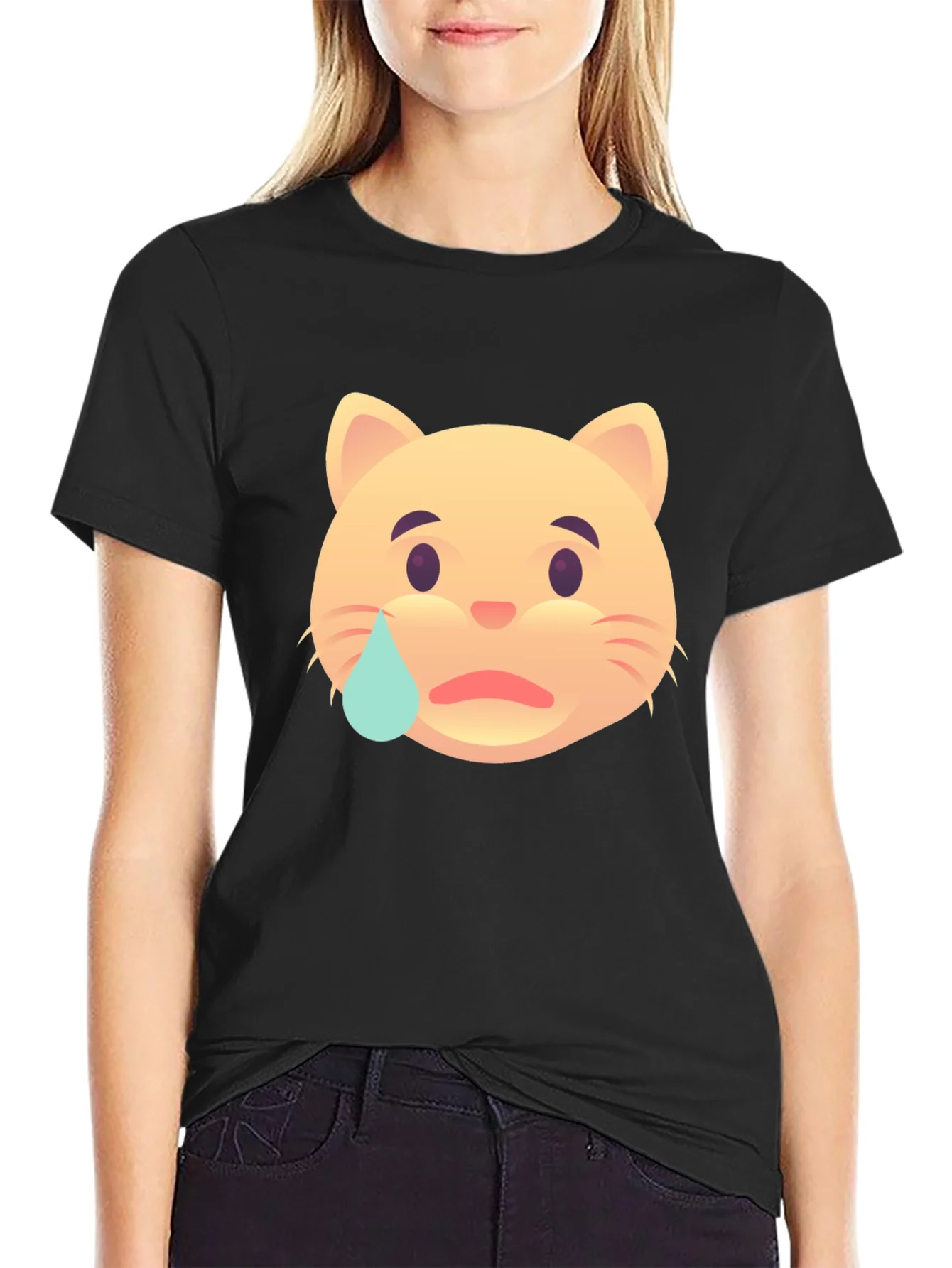 Sad Cat Emoji T-Shirt - Unisex Black Tee