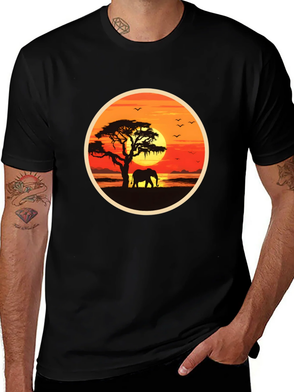 African Sunset Elephant Graphic Tee - Black