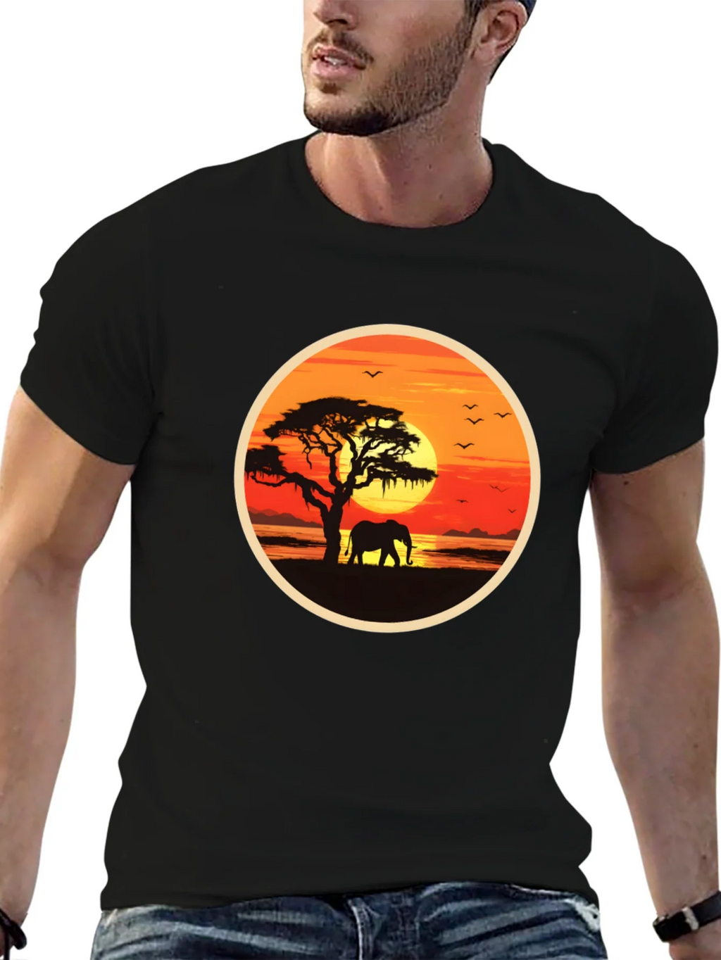 African Sunset Elephant Graphic Tee - Black