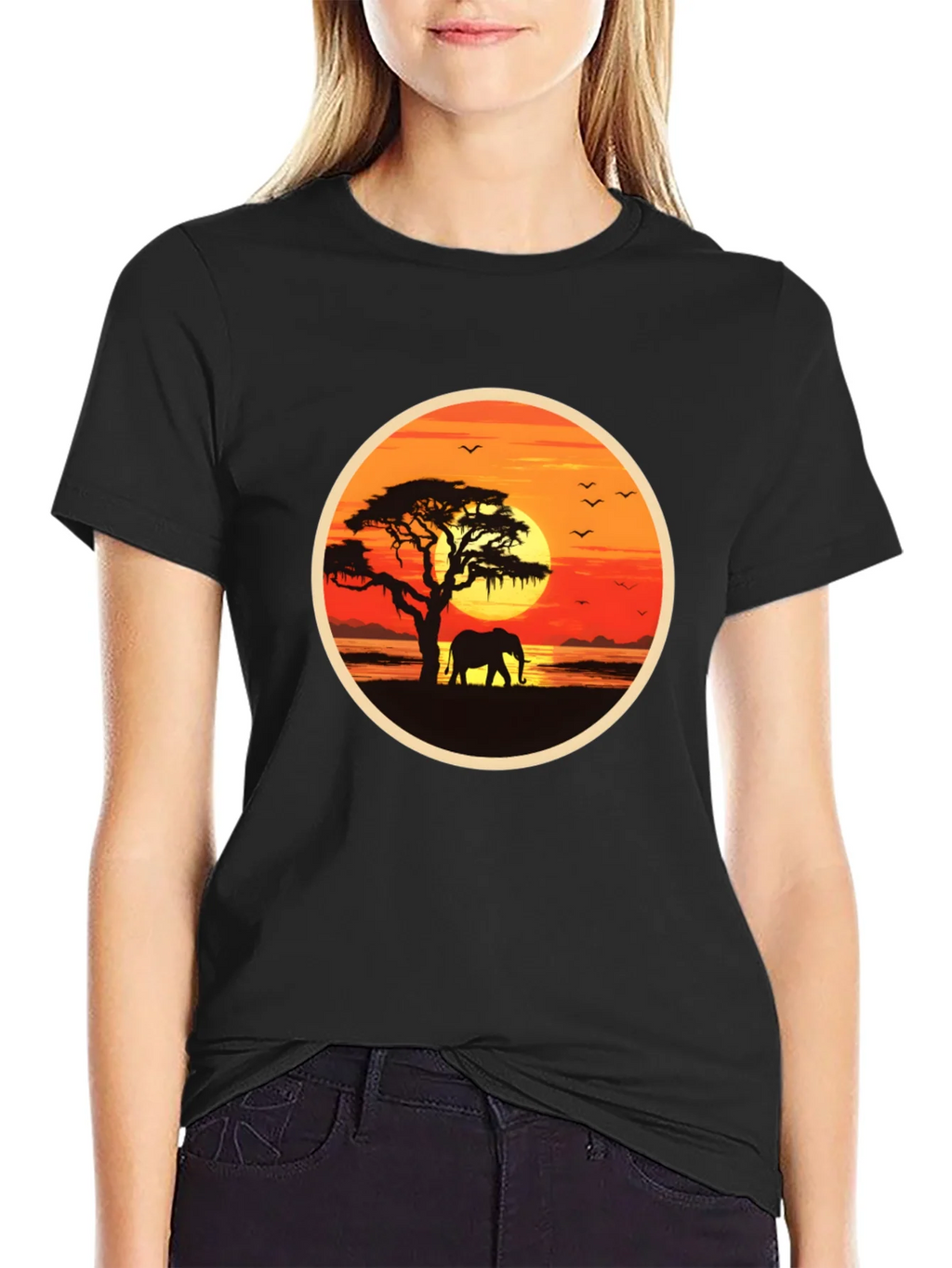 African Sunset Elephant Graphic Tee - Black
