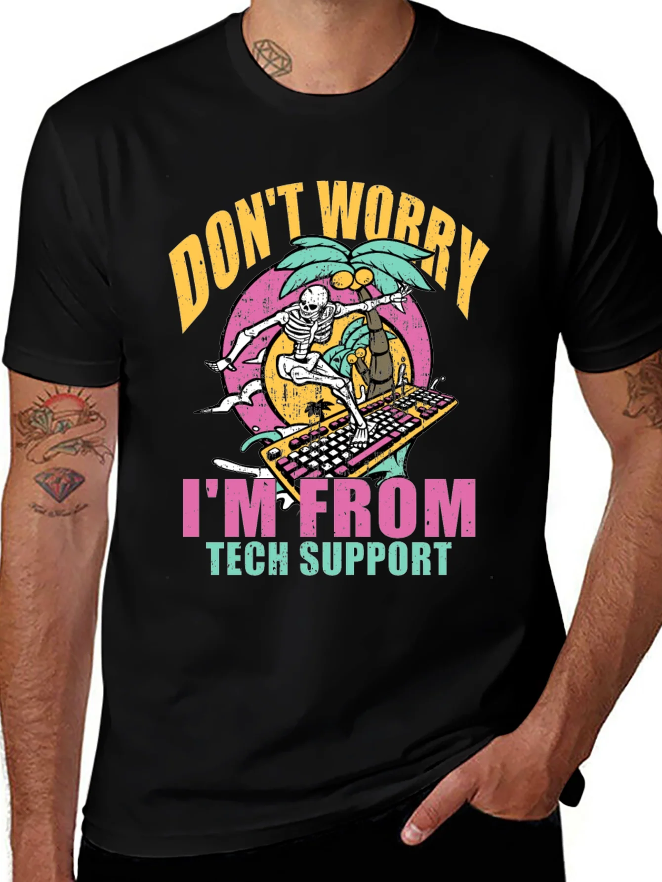 Tech Support Skeleton Surfing Keyboard T-Shirt