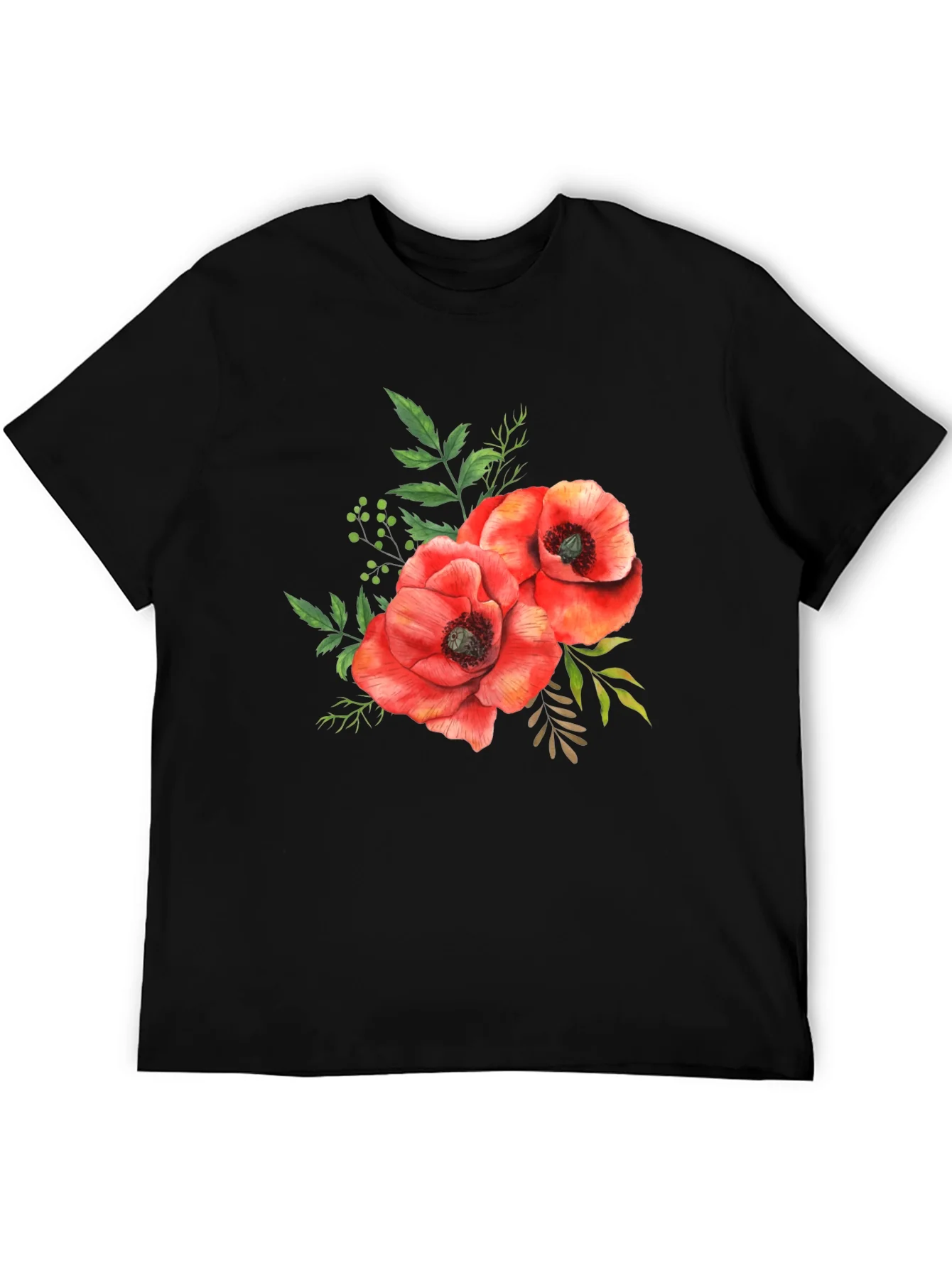 Floral Poppy T-Shirt - Black Cotton Tee