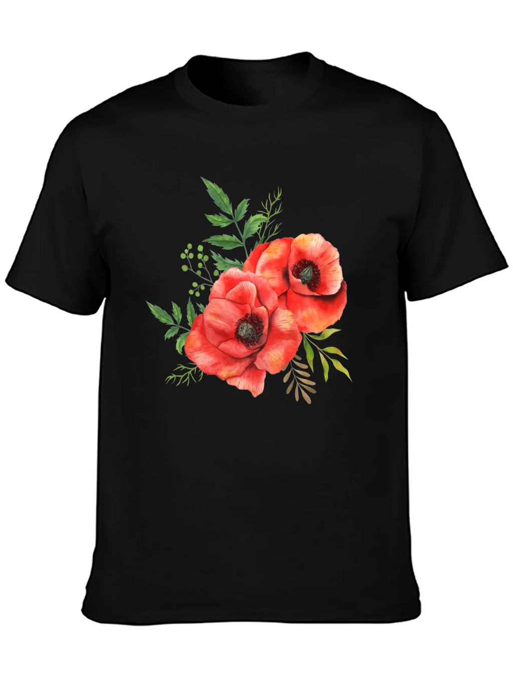 Floral Poppy T-Shirt - Black Cotton Tee