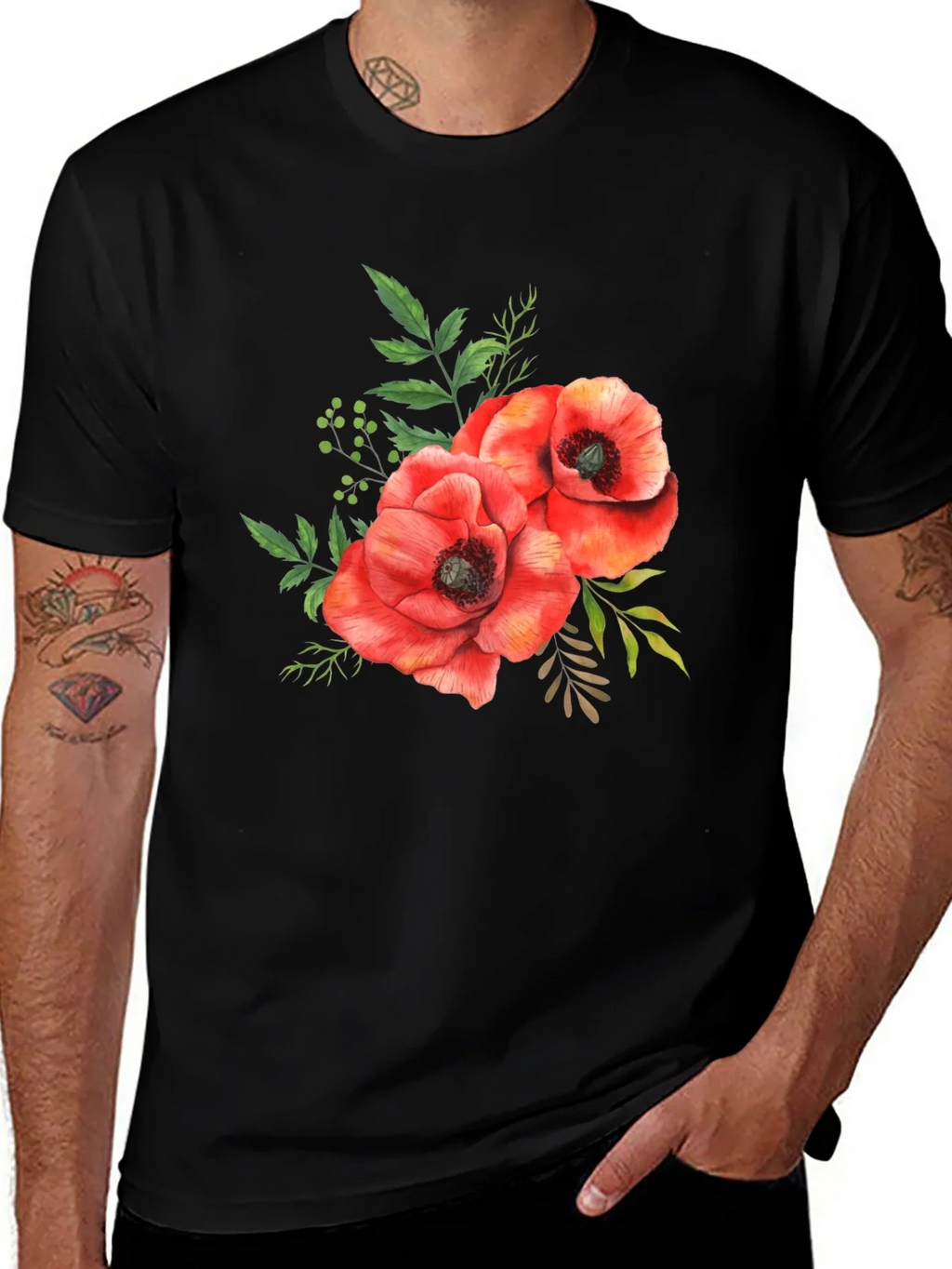 Floral Poppy T-Shirt - Black Cotton Tee