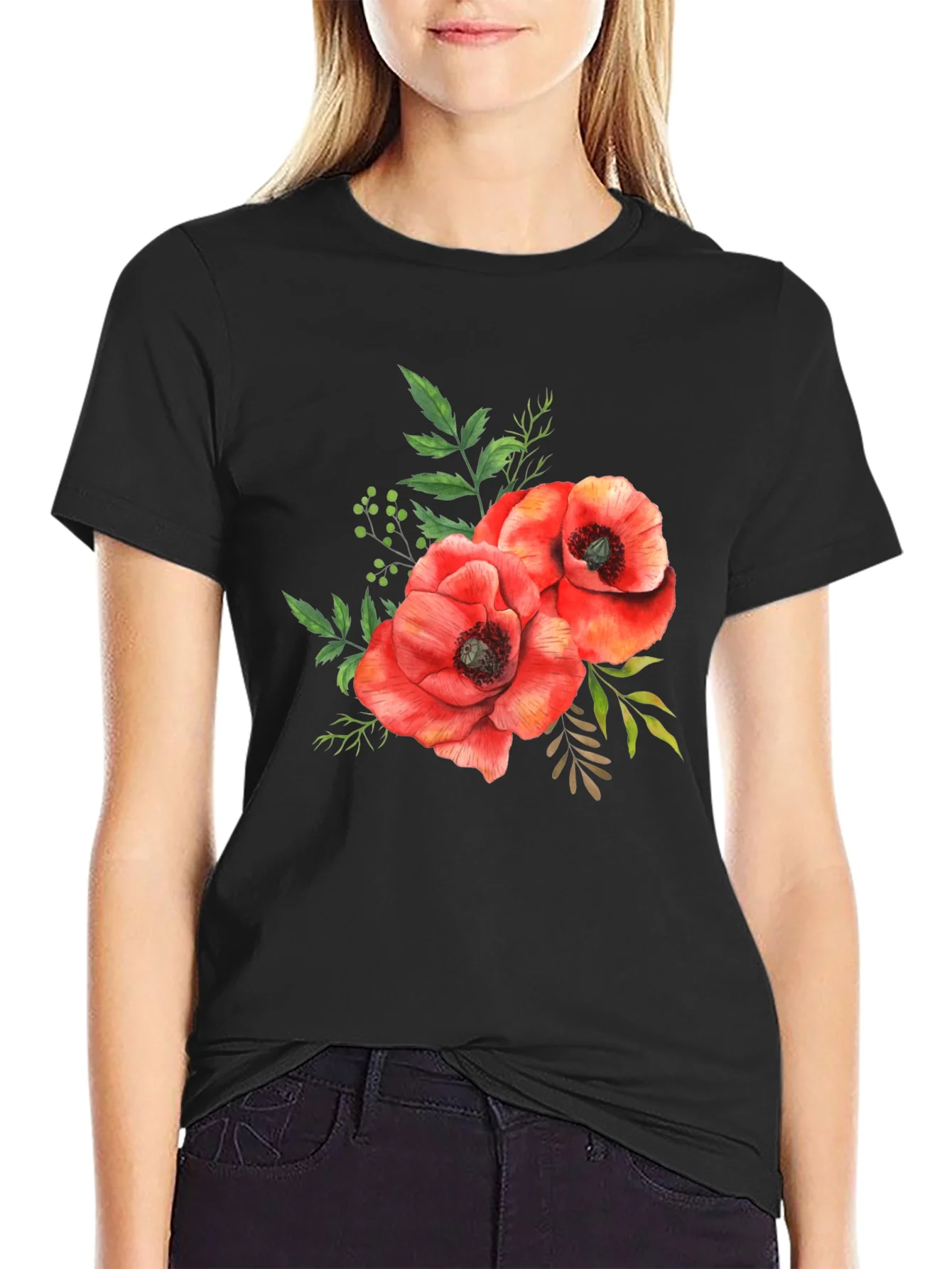 Floral Poppy T-Shirt - Black Cotton Tee