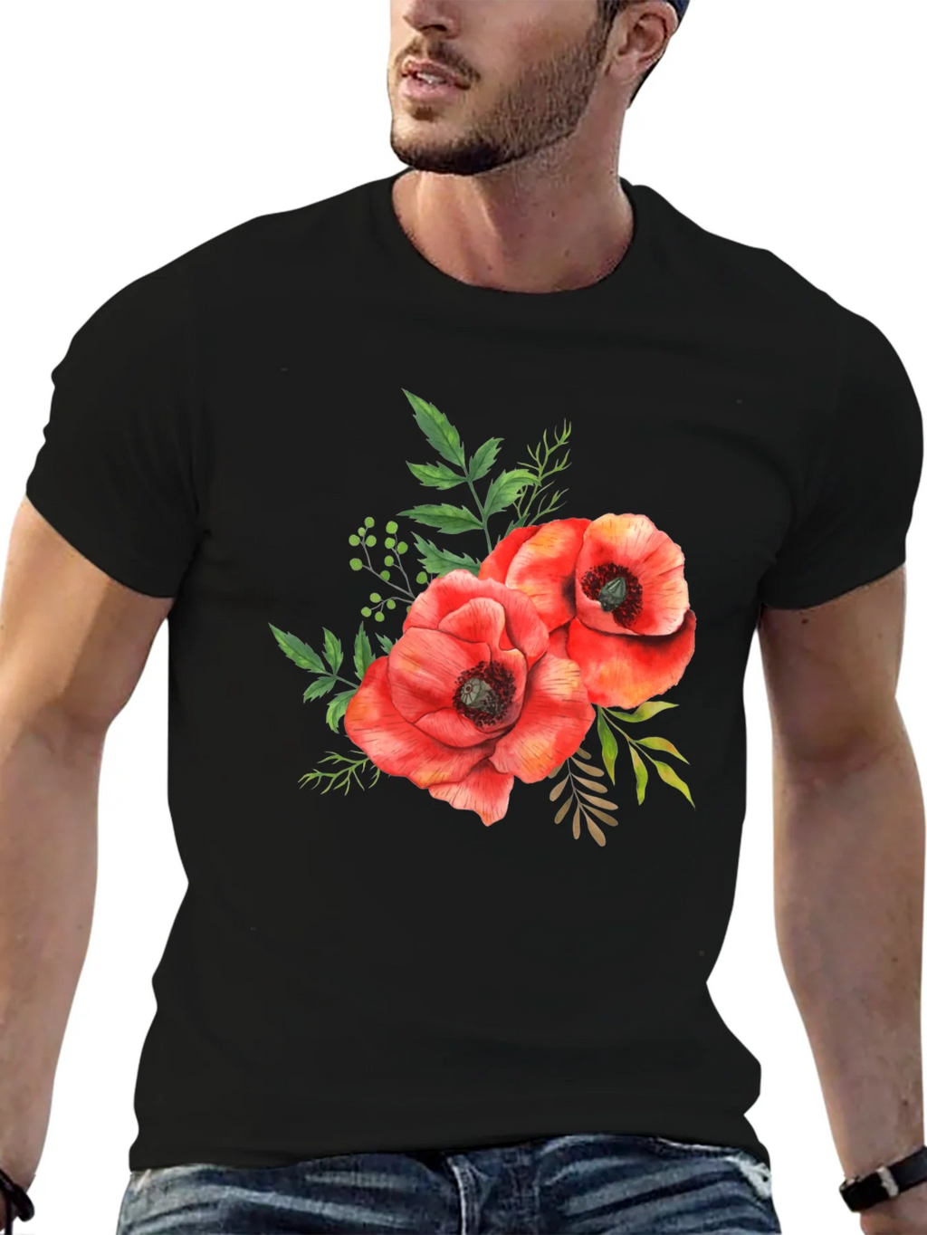 Floral Poppy T-Shirt - Black Cotton Tee
