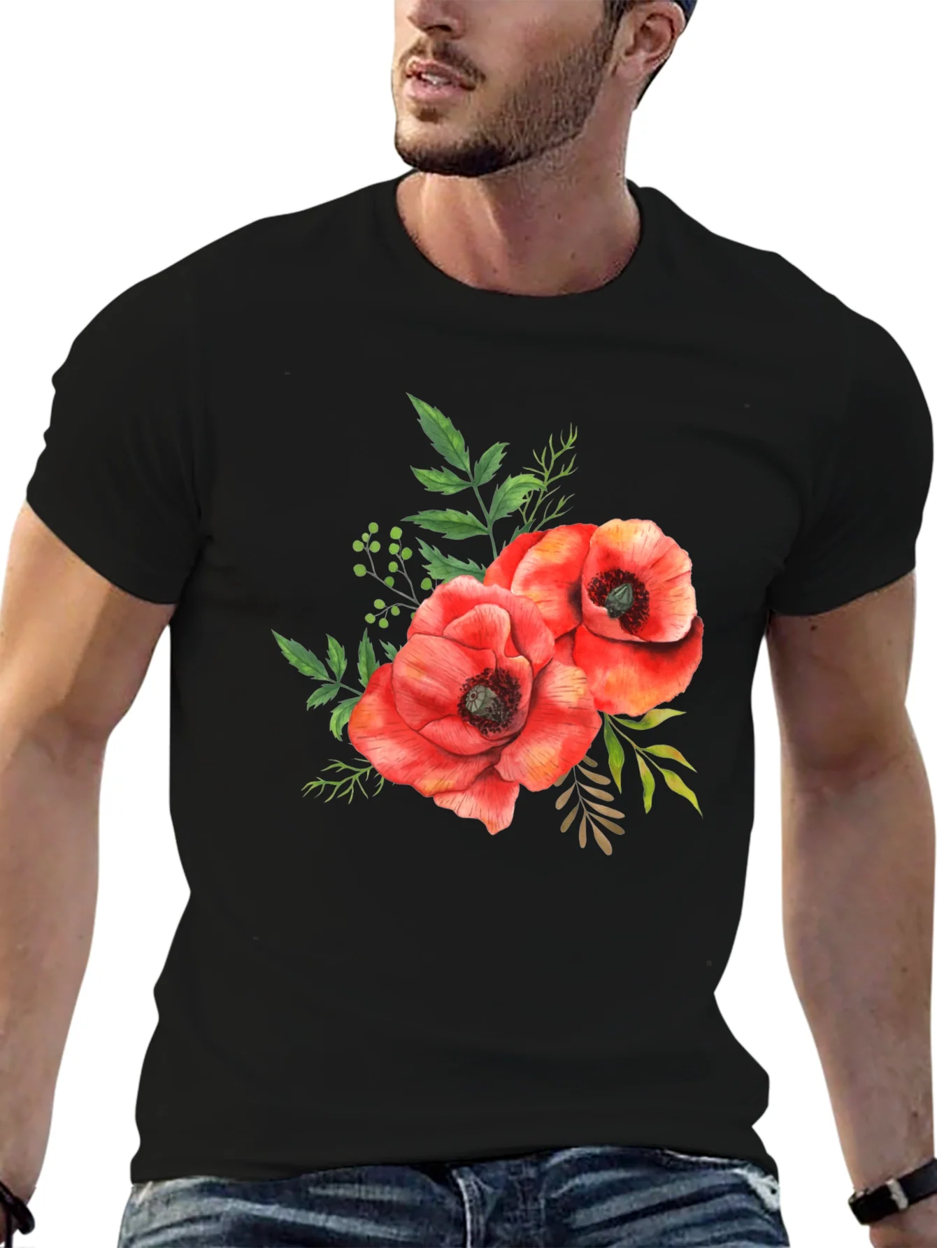 Floral Poppy T-Shirt - Black Cotton Tee