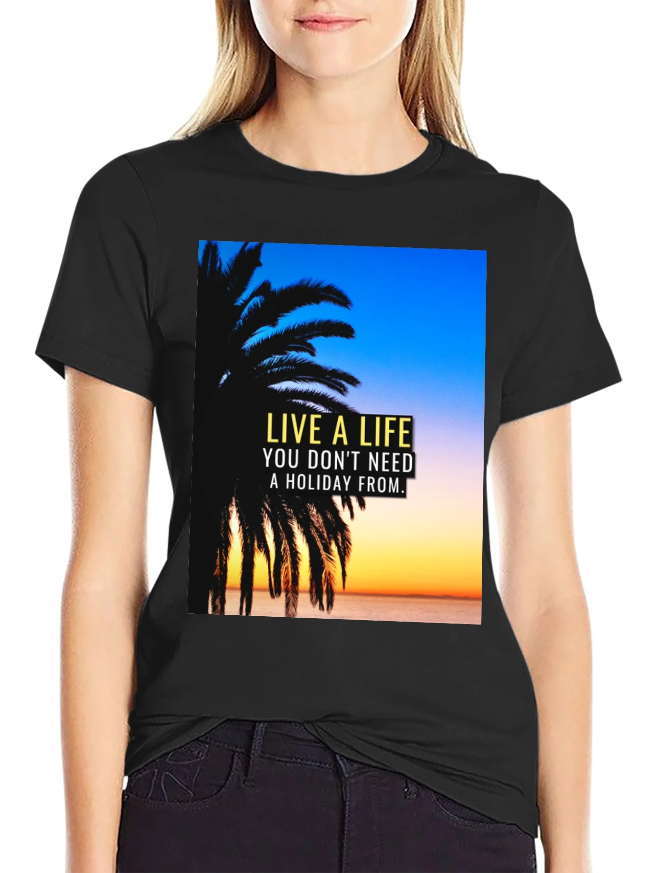 Live A Life Black T-Shirt Holiday Quote Palm Tree Design