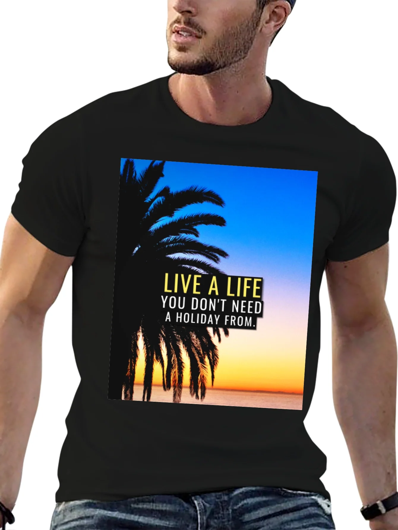 Live A Life Black T-Shirt Holiday Quote Palm Tree Design