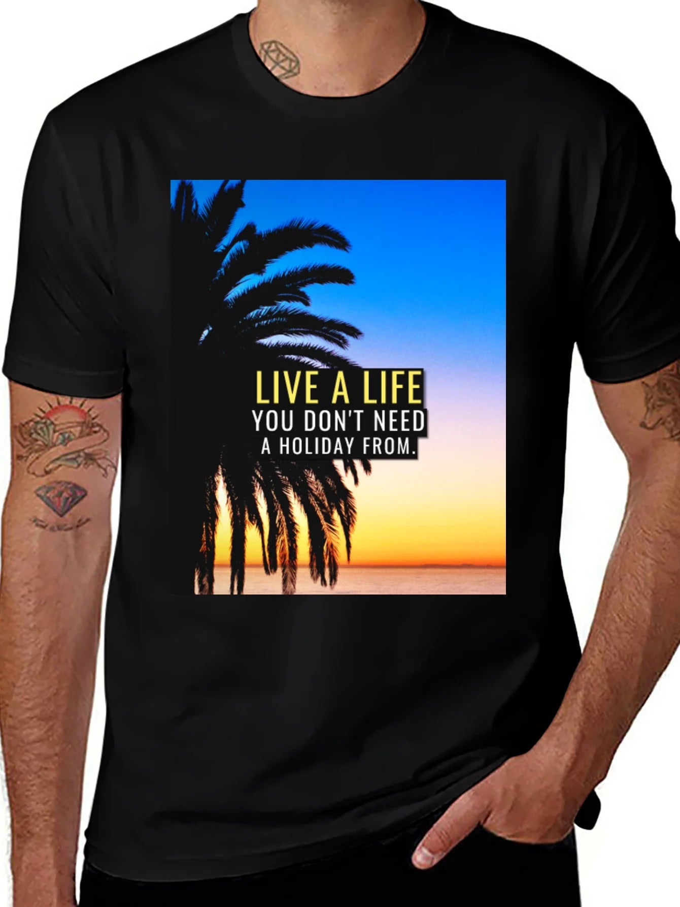 Live A Life Black T-Shirt Holiday Quote Palm Tree Design