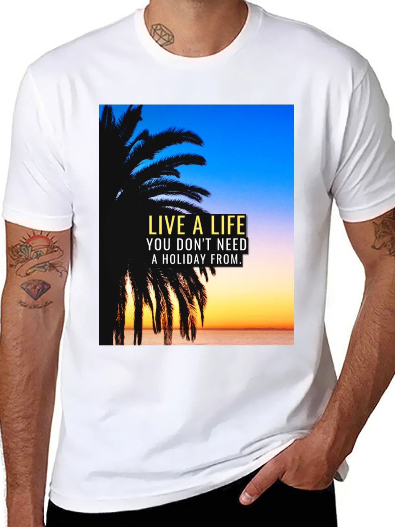 Live A Life Black T-Shirt Holiday Quote Palm Tree Design