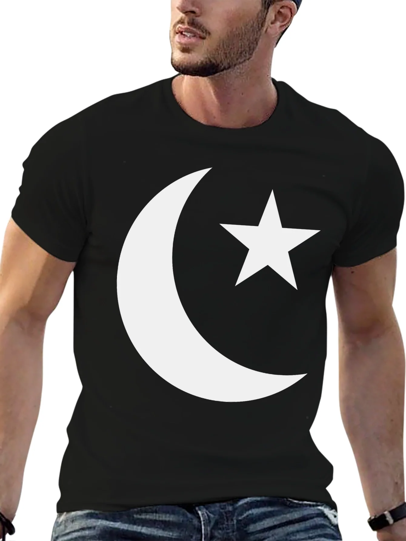 Crescent Moon & Star Graphic Tee - Black Cotton Blend
