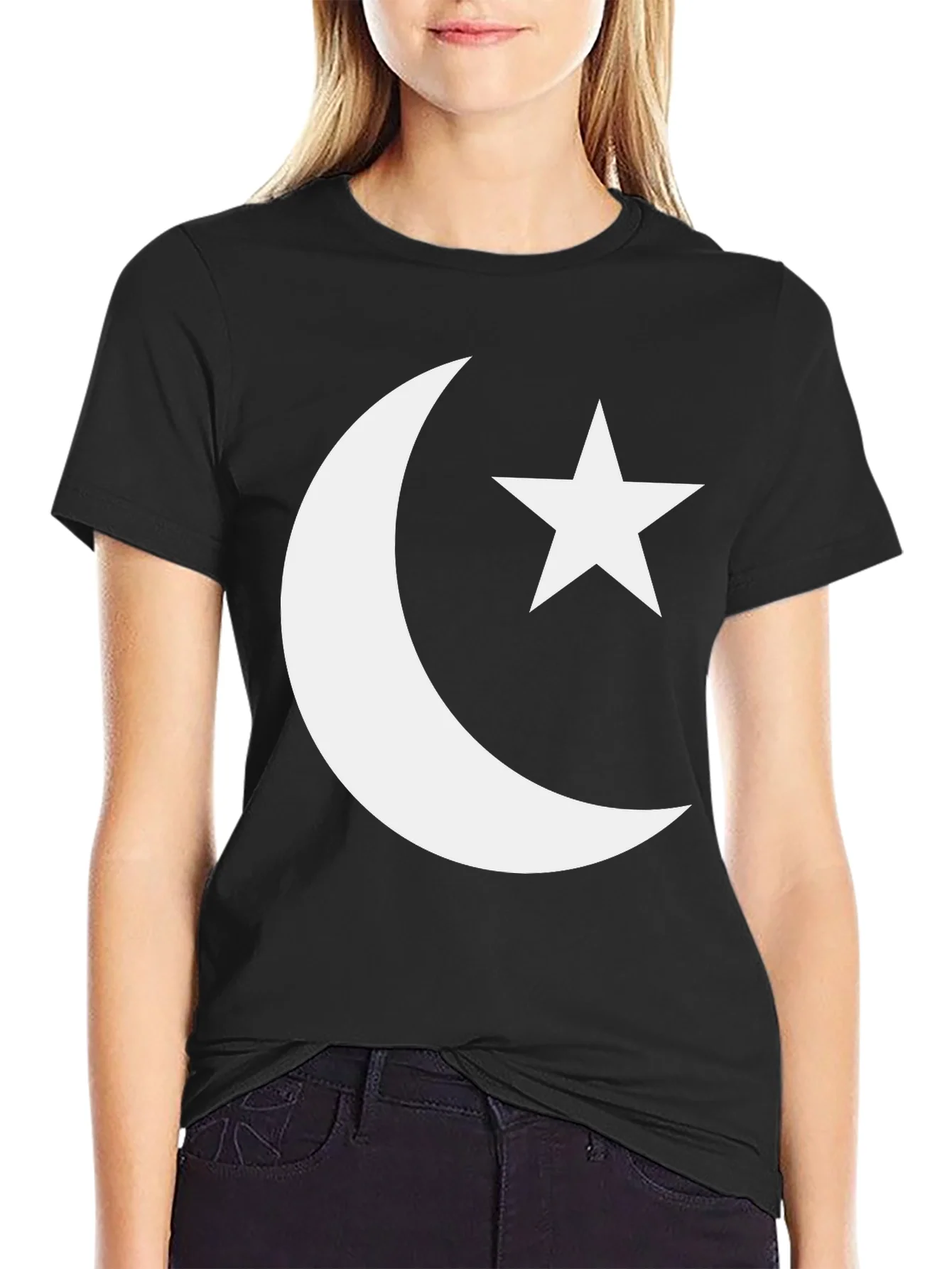 Crescent Moon & Star Graphic Tee - Black Cotton Blend