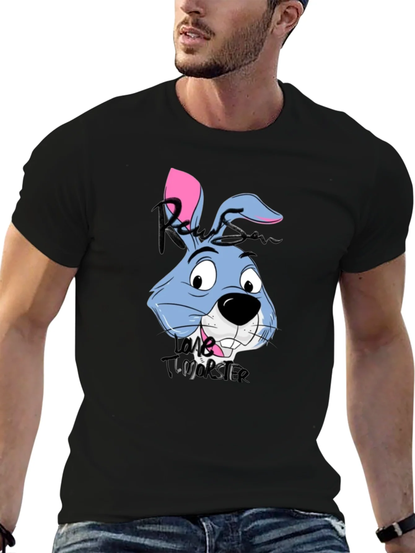 Cartoon Rabbit Graphic Tee - Black
