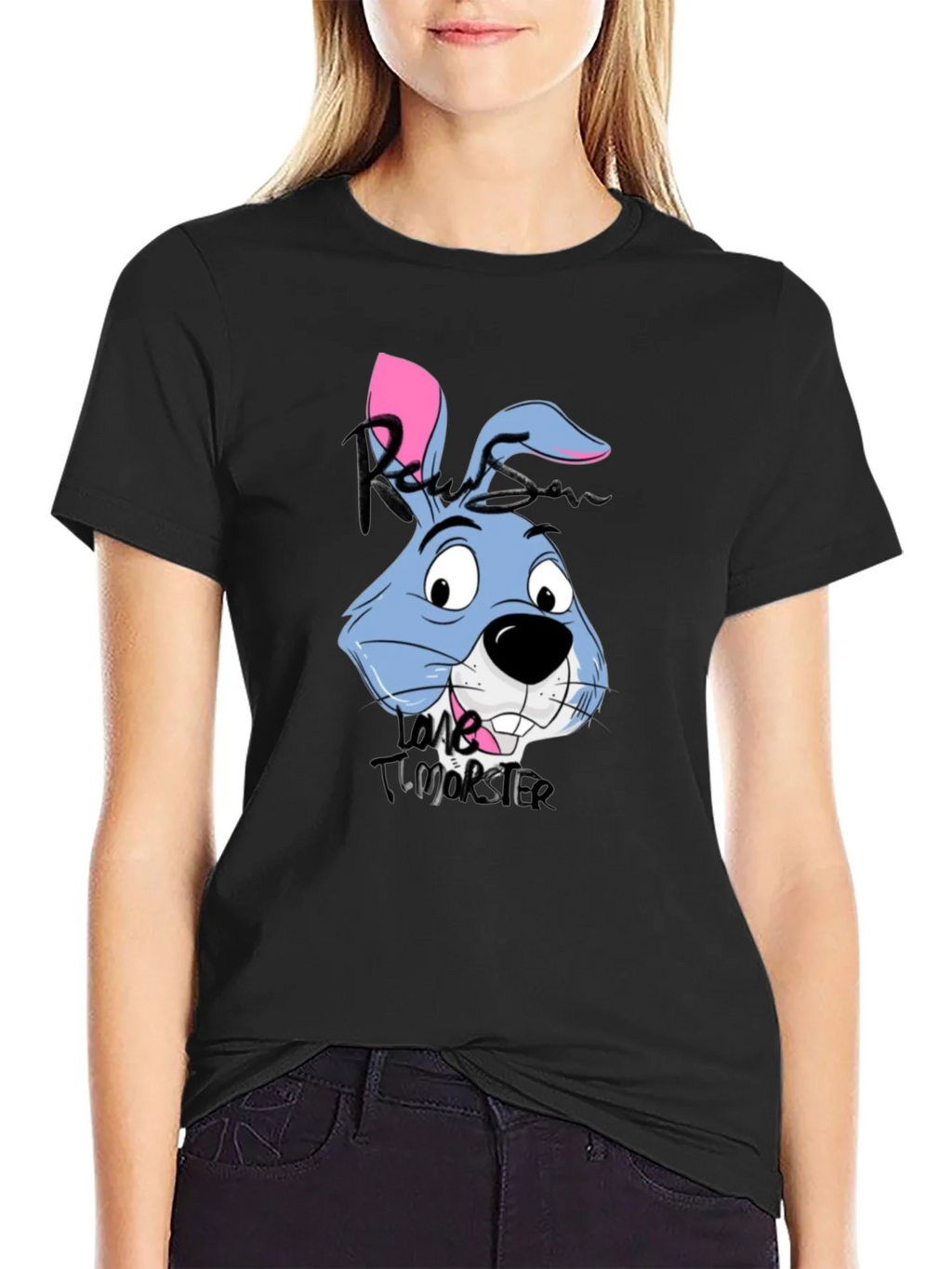 Cartoon Rabbit Graphic Tee - Black
