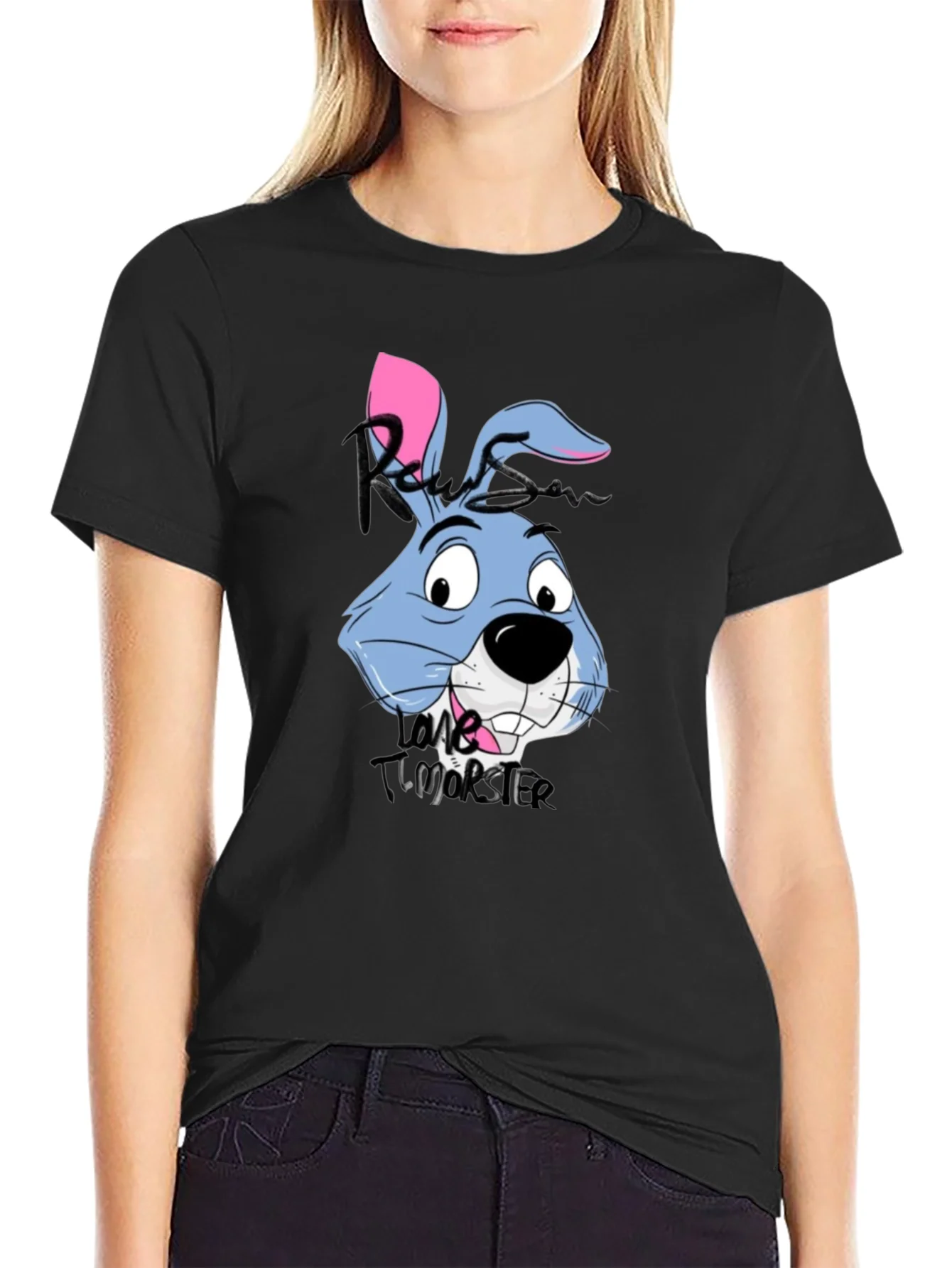 Cartoon Rabbit Graphic Tee - Black