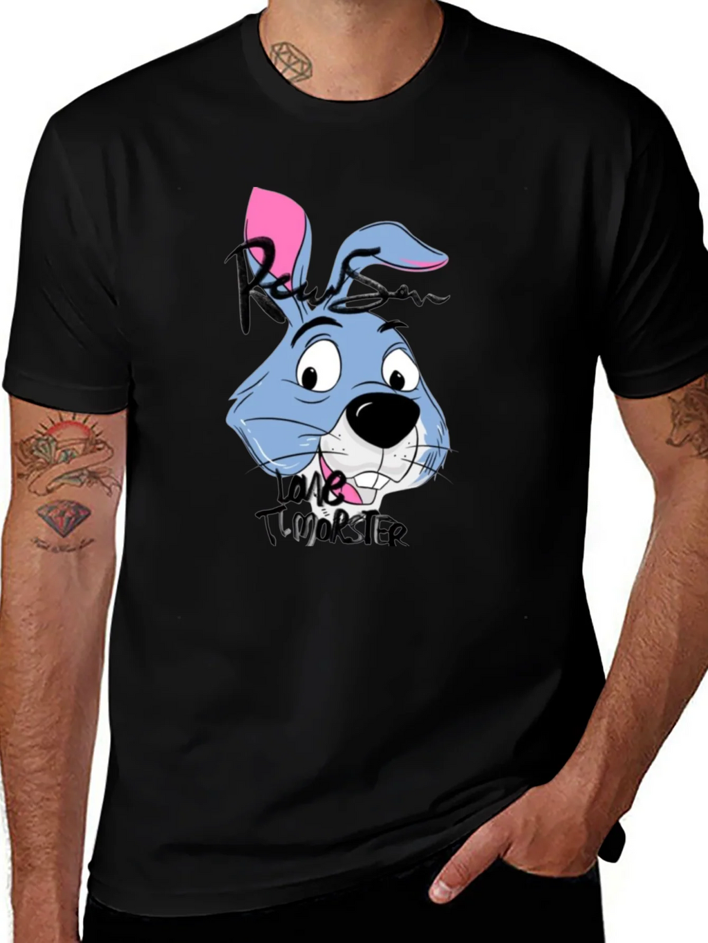 Cartoon Rabbit Graphic Tee - Black