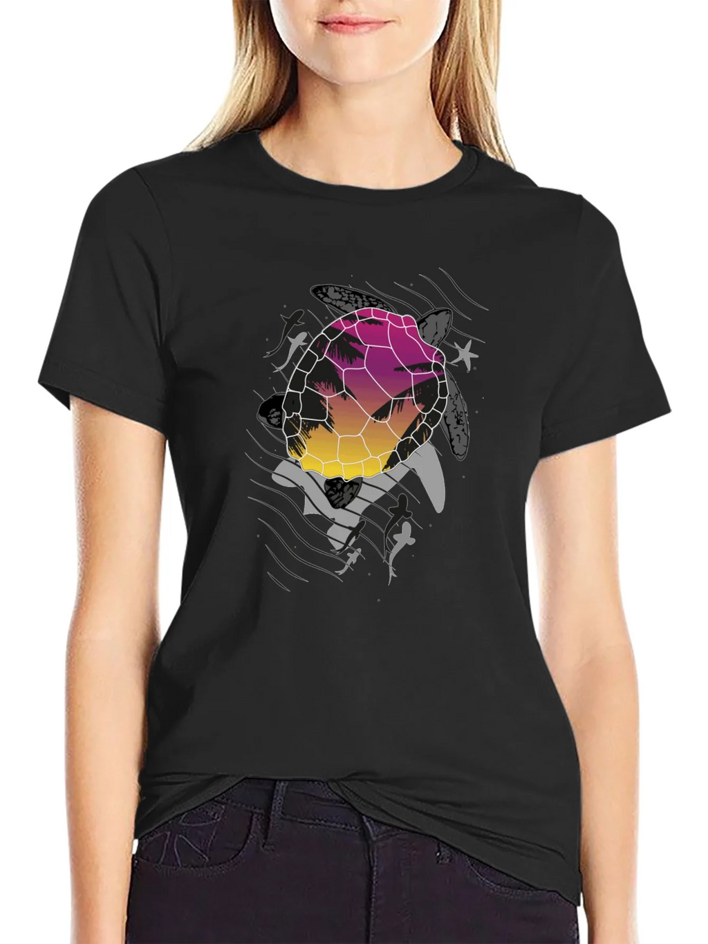 Sunset Turtle Graphic Tee - Black Cotton Blend