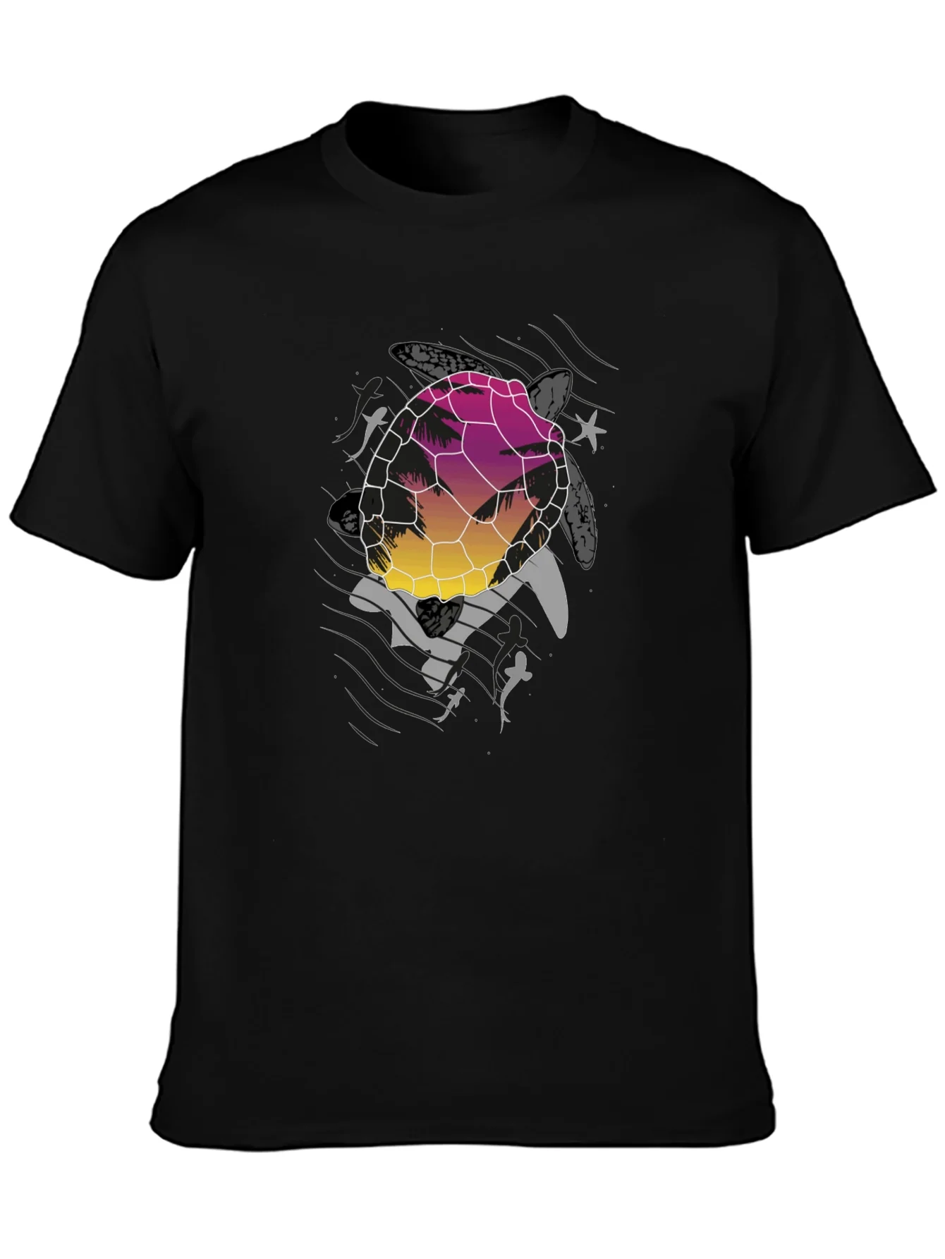 Sunset Turtle Graphic Tee - Black Cotton Blend