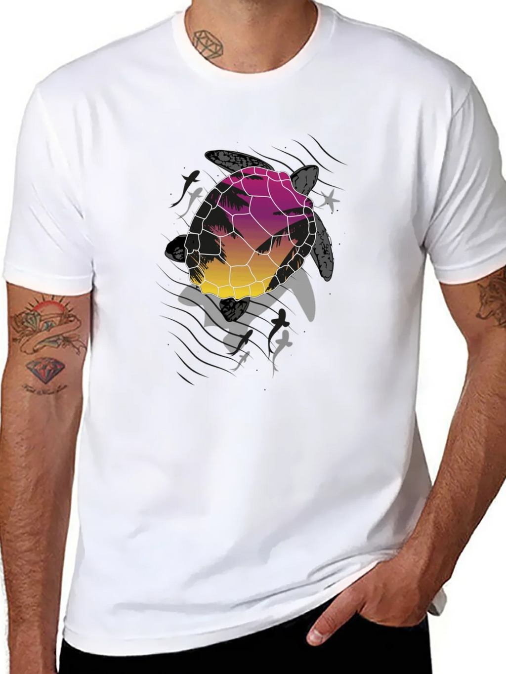 Sunset Turtle Graphic Tee - Black Cotton Blend