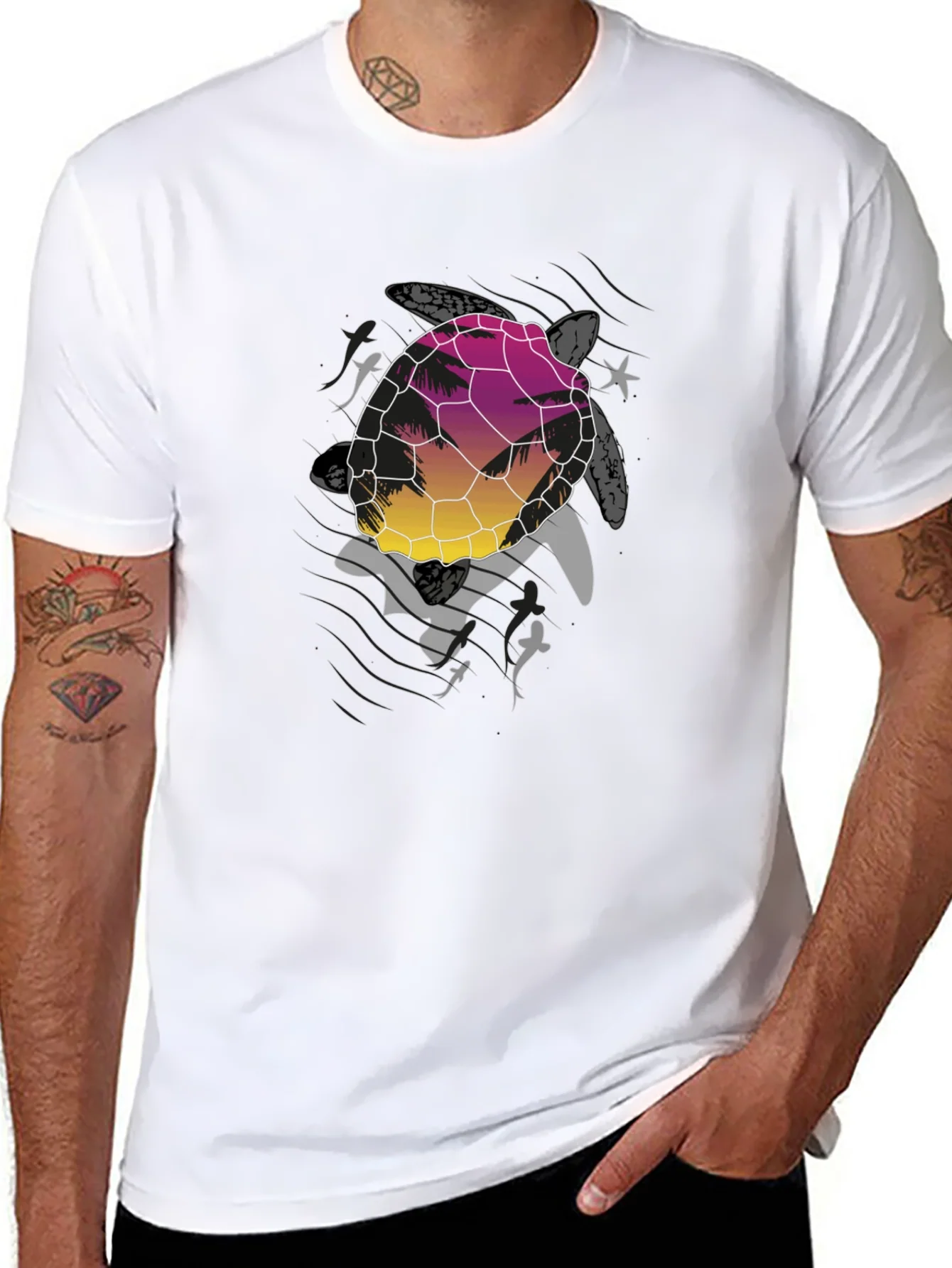 Sunset Turtle Graphic Tee - Black Cotton Blend
