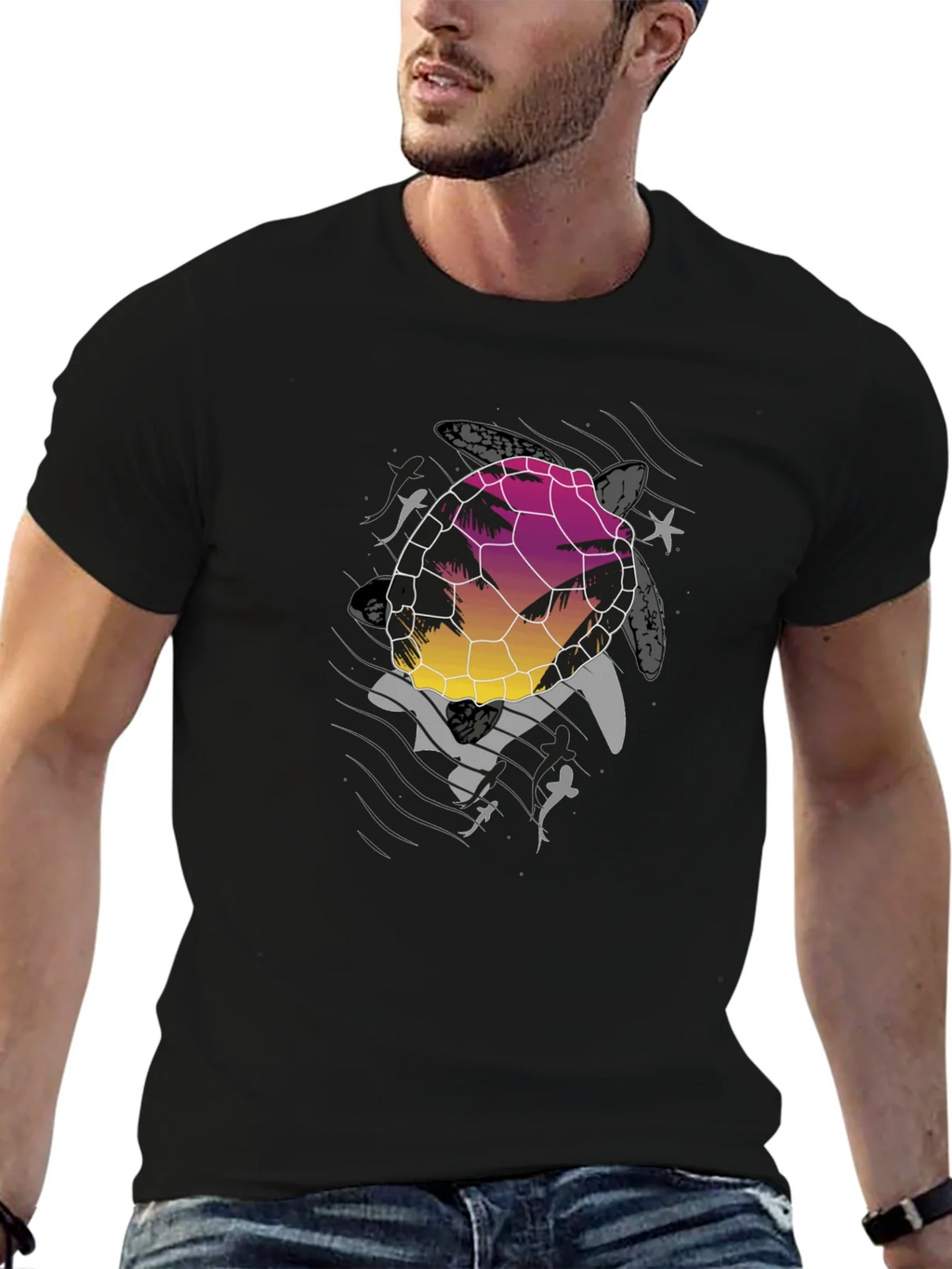 Sunset Turtle Graphic Tee - Black Cotton Blend