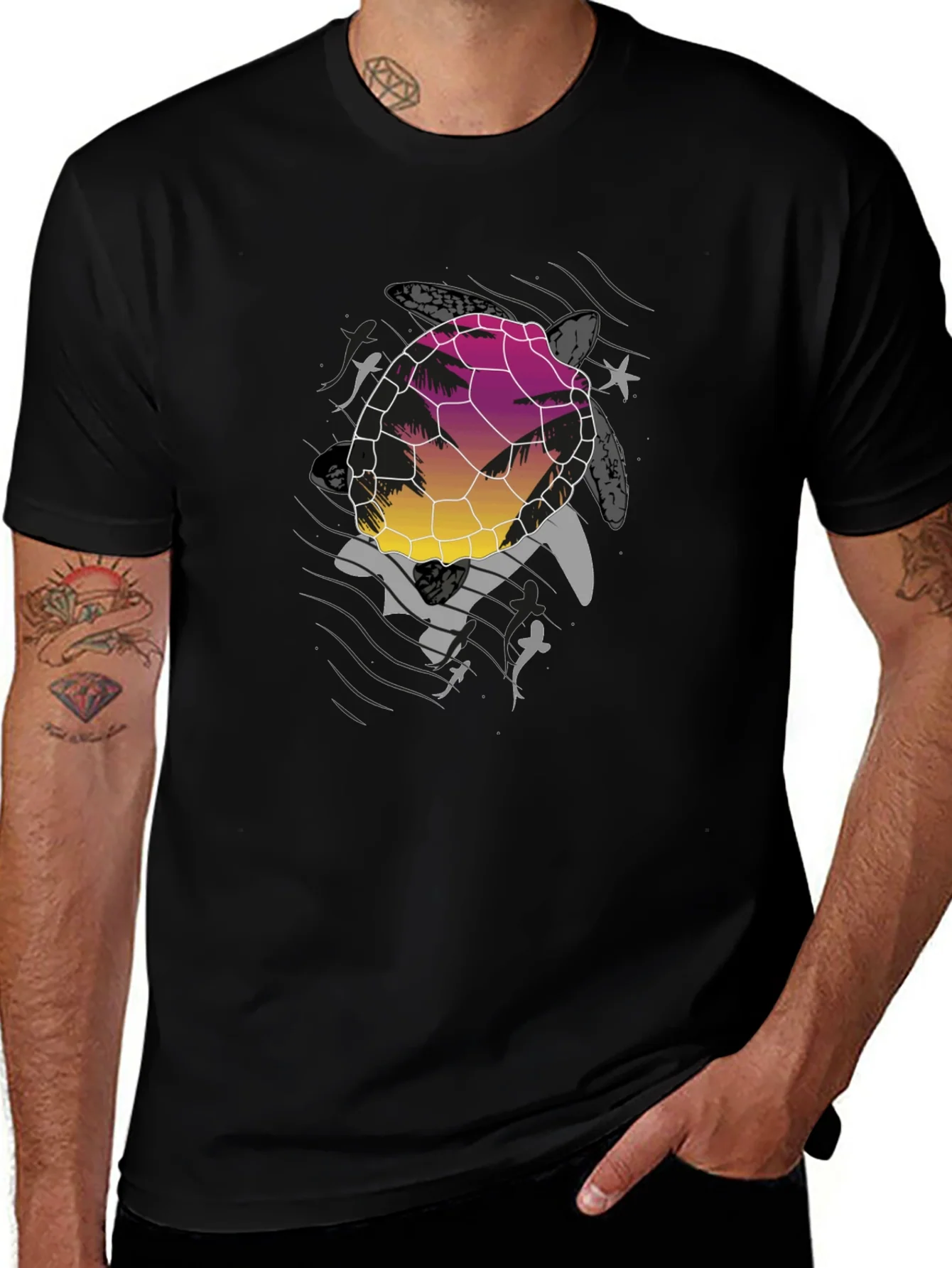 Sunset Turtle Graphic Tee - Black Cotton Blend
