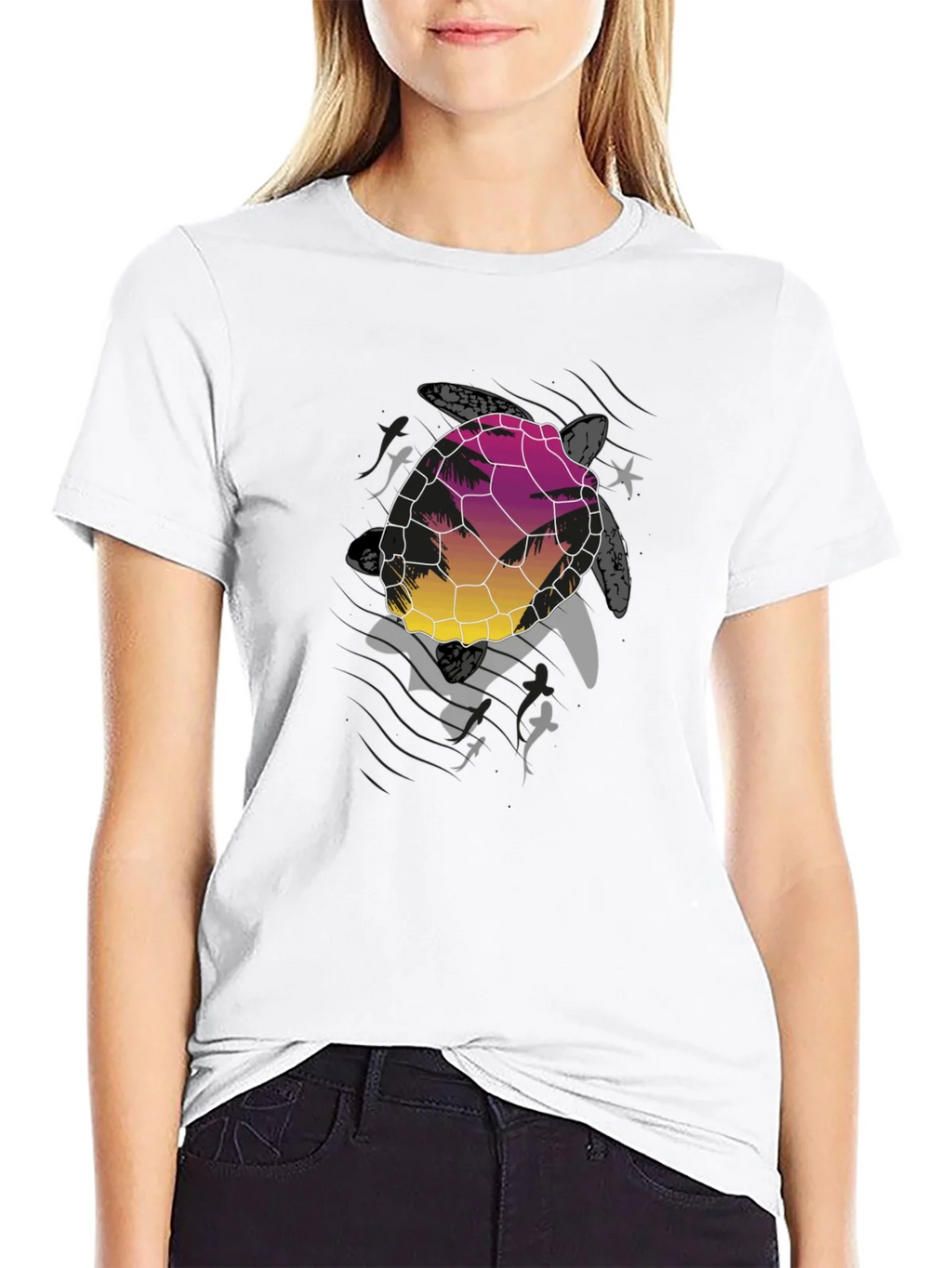 Sunset Turtle Graphic Tee - Black Cotton Blend