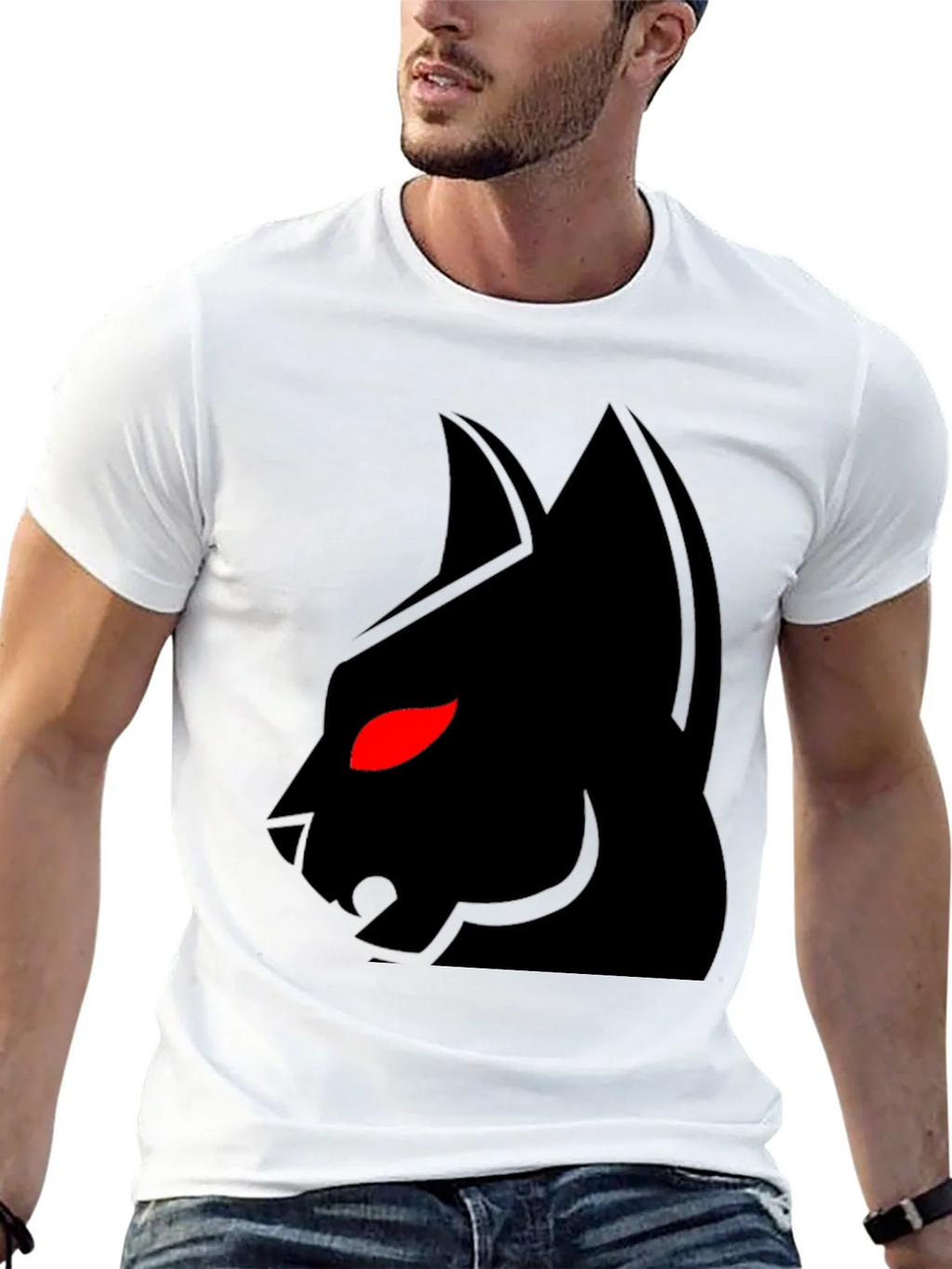 Mens Black T-Shirt with Red-Eyed Cat Graphic