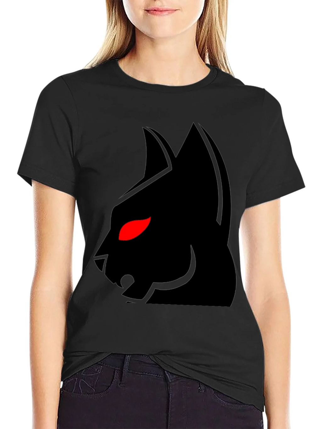 Mens Black T-Shirt with Red-Eyed Cat Graphic