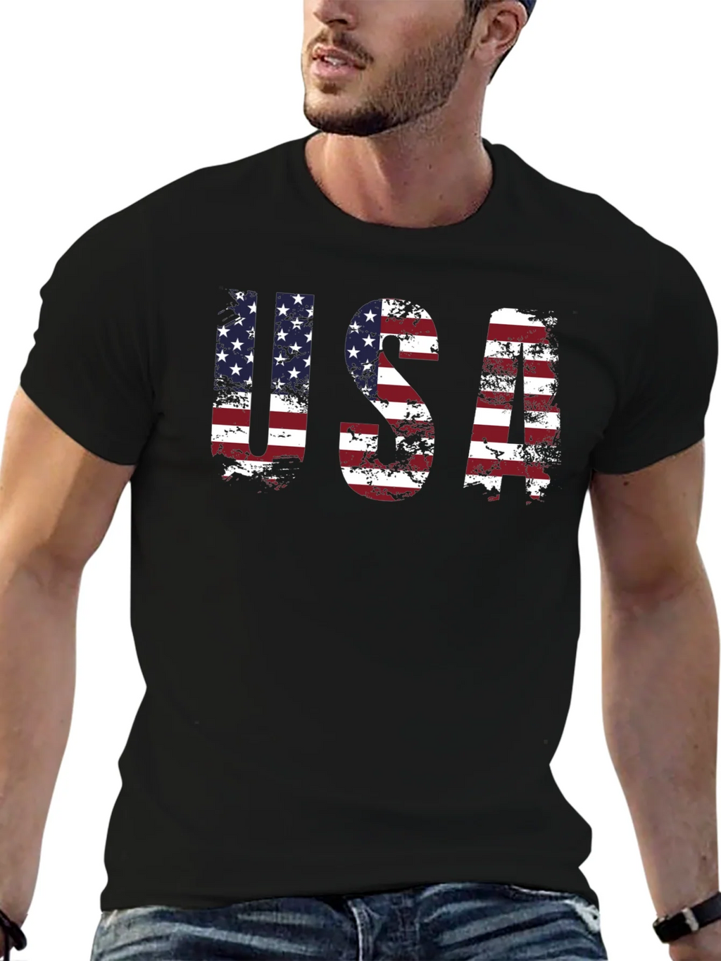 USA Flag Graphic Print Crew Neck T-Shirt