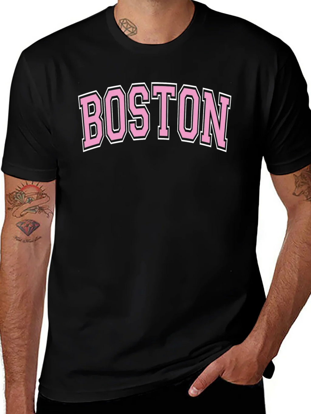 Boston Pink Letter Graphic Black T-Shirt