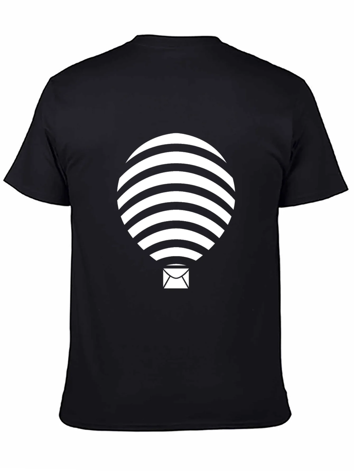 Mens Black Graphic Tee - Striped Hot Air Balloon Design