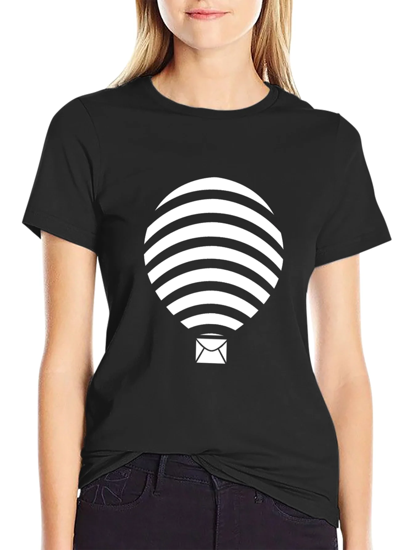 Mens Black Graphic Tee - Striped Hot Air Balloon Design