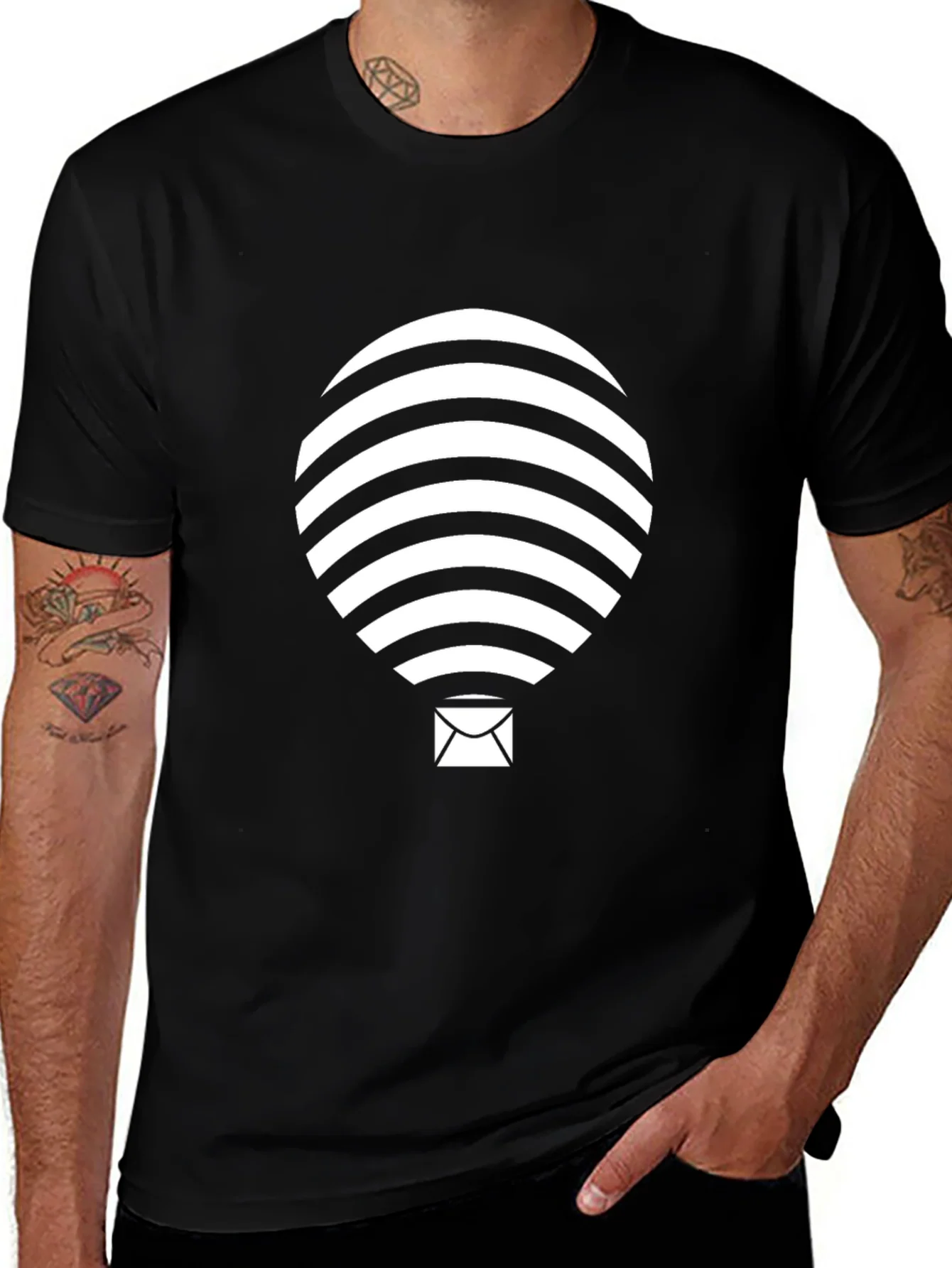 Mens Black Graphic Tee - Striped Hot Air Balloon Design