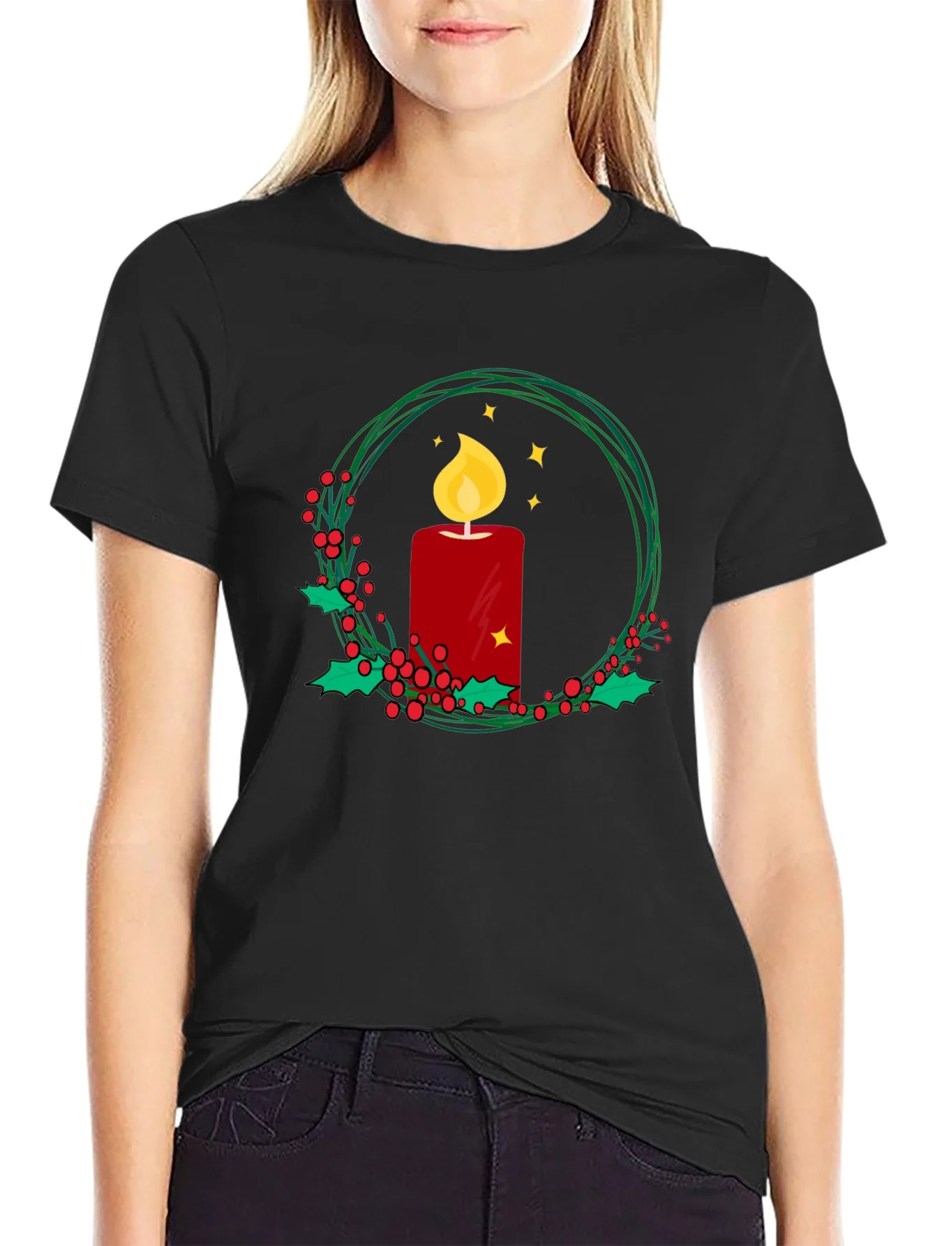 Festive Candle Wreath Graphic Tee - Holiday Cheer