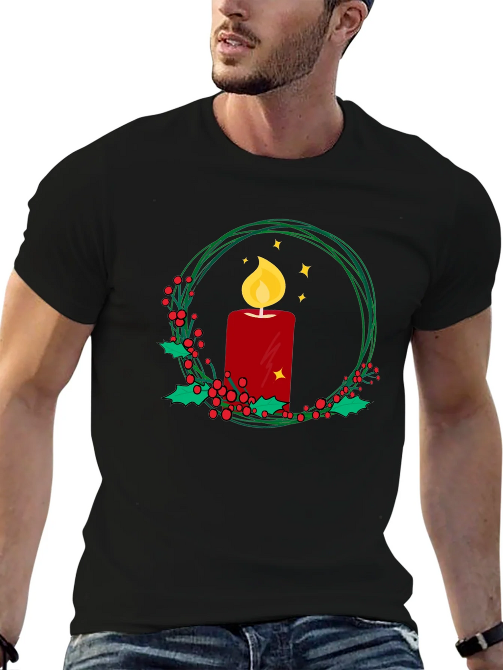 Festive Candle Wreath Graphic Tee - Holiday Cheer