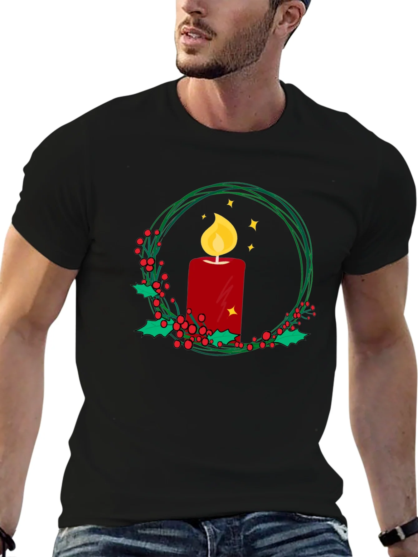 Festive Candle Wreath Graphic Tee - Holiday Cheer