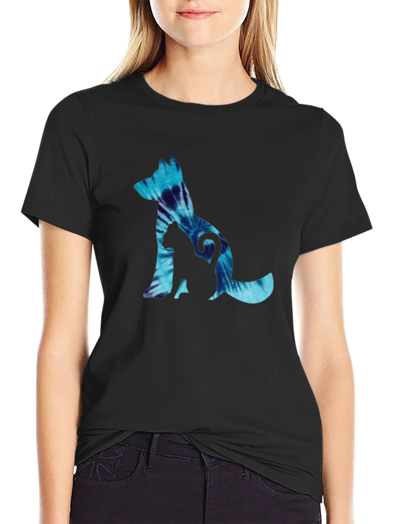 Dog & Cat Tie-Dye Graphic Black T-Shirt