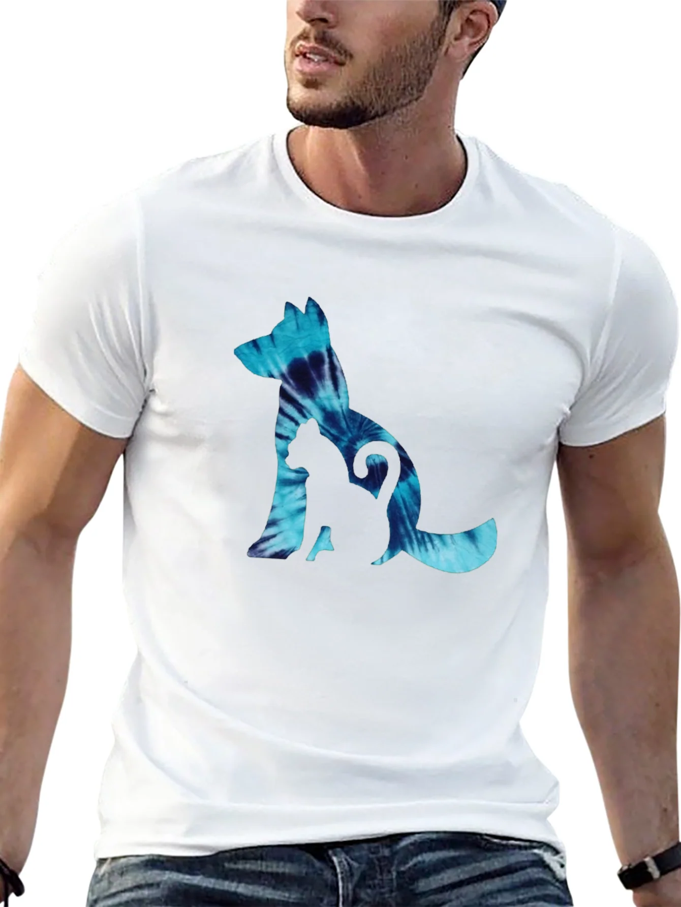 Dog & Cat Tie-Dye Graphic Black T-Shirt
