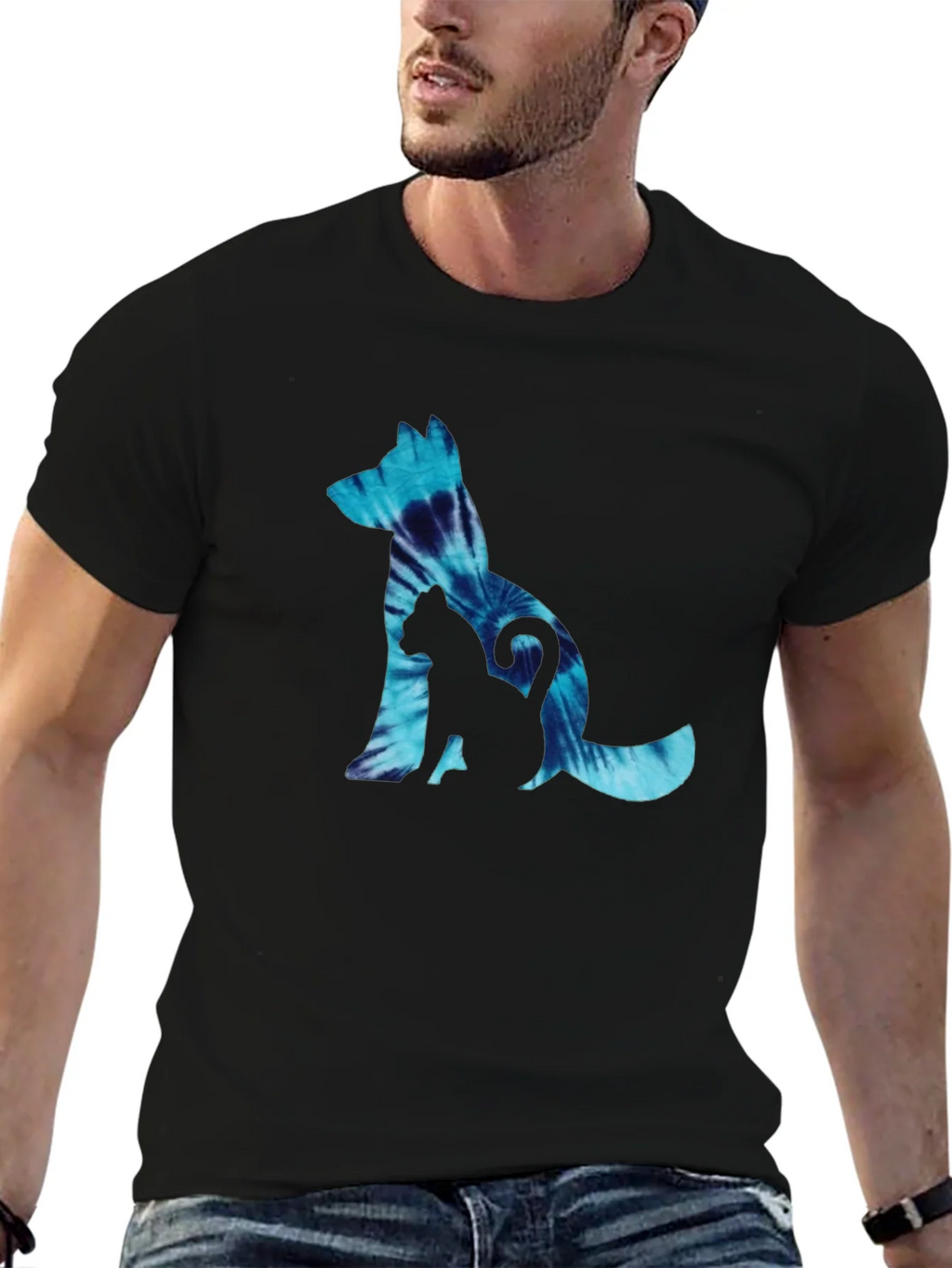 Dog & Cat Tie-Dye Graphic Black T-Shirt