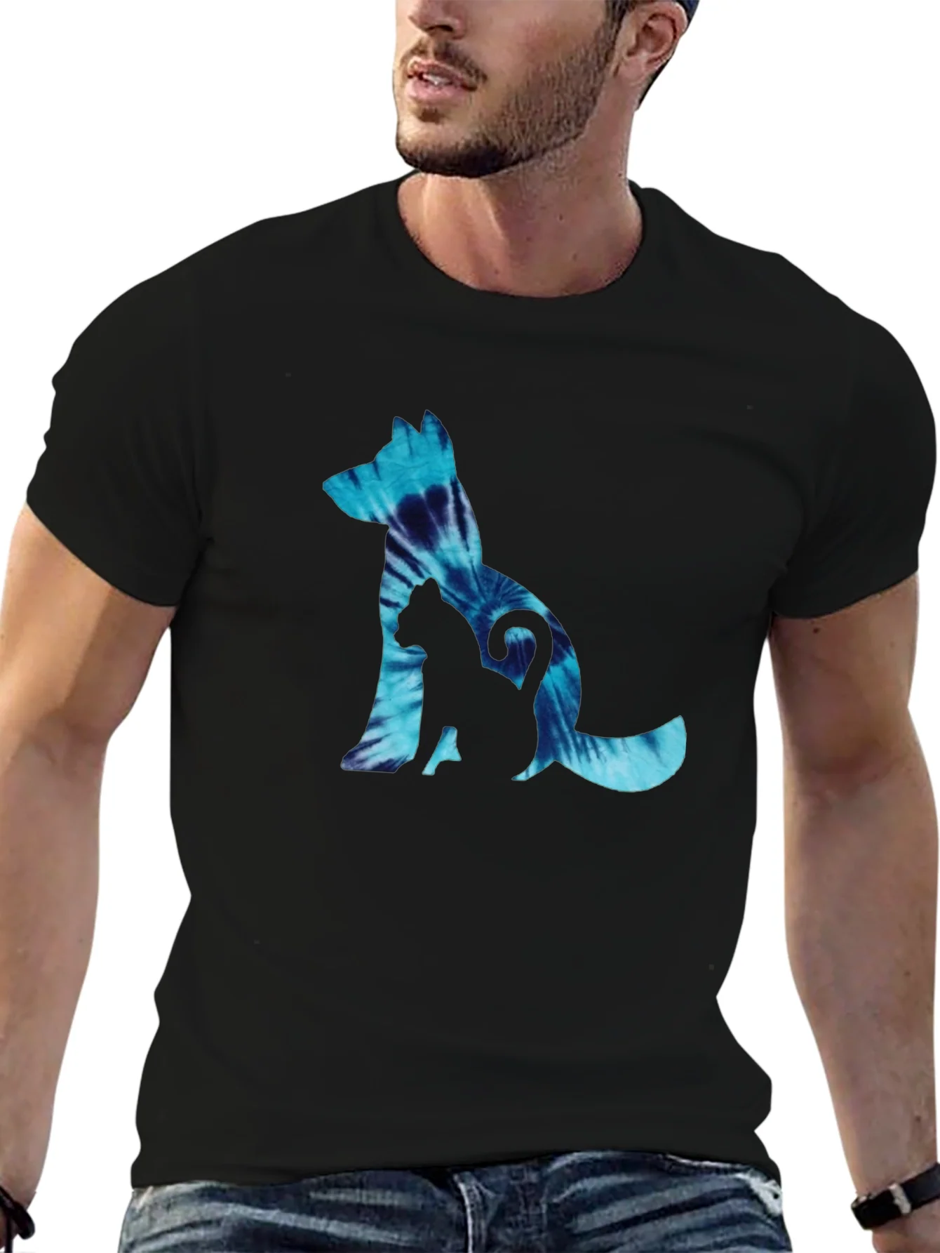 Dog & Cat Tie-Dye Graphic Black T-Shirt