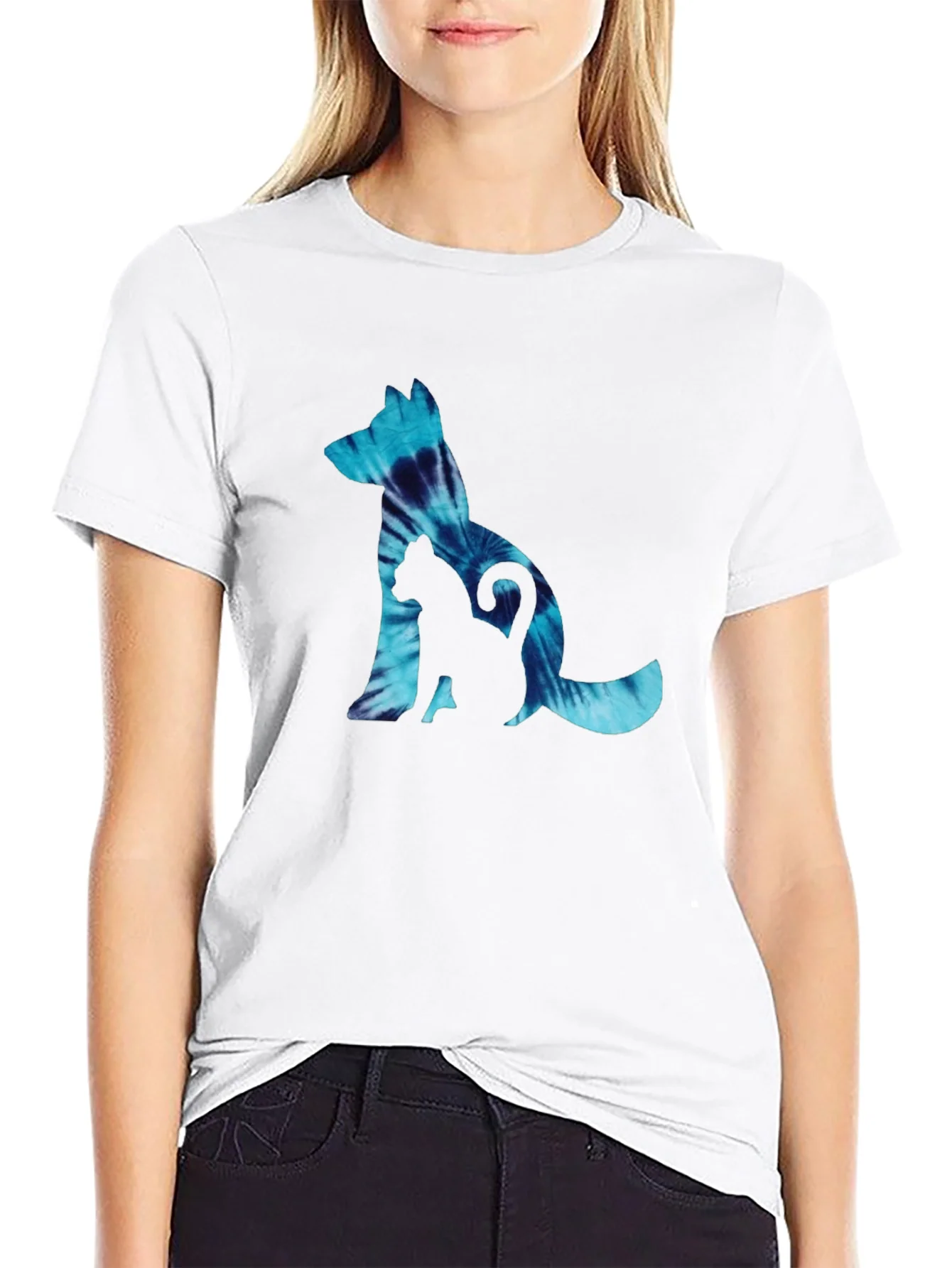 Dog & Cat Tie-Dye Graphic Black T-Shirt